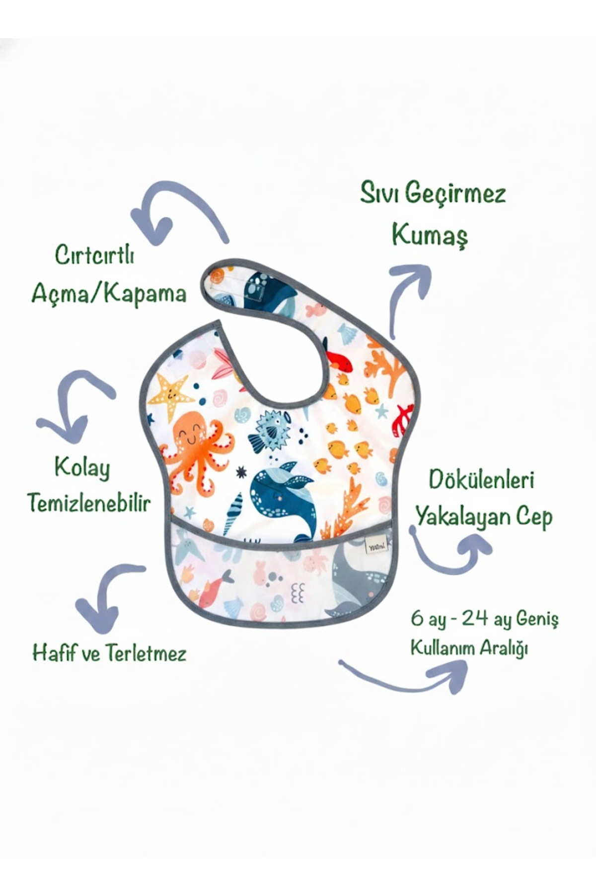 yorni Sea World, 6-24ay Boyundan Cırtlı, Su Geçirmez, Cepli, Makinada Yıkanabilir, Bebek Mama Önlük fotoğrafı 2 (önizleme)