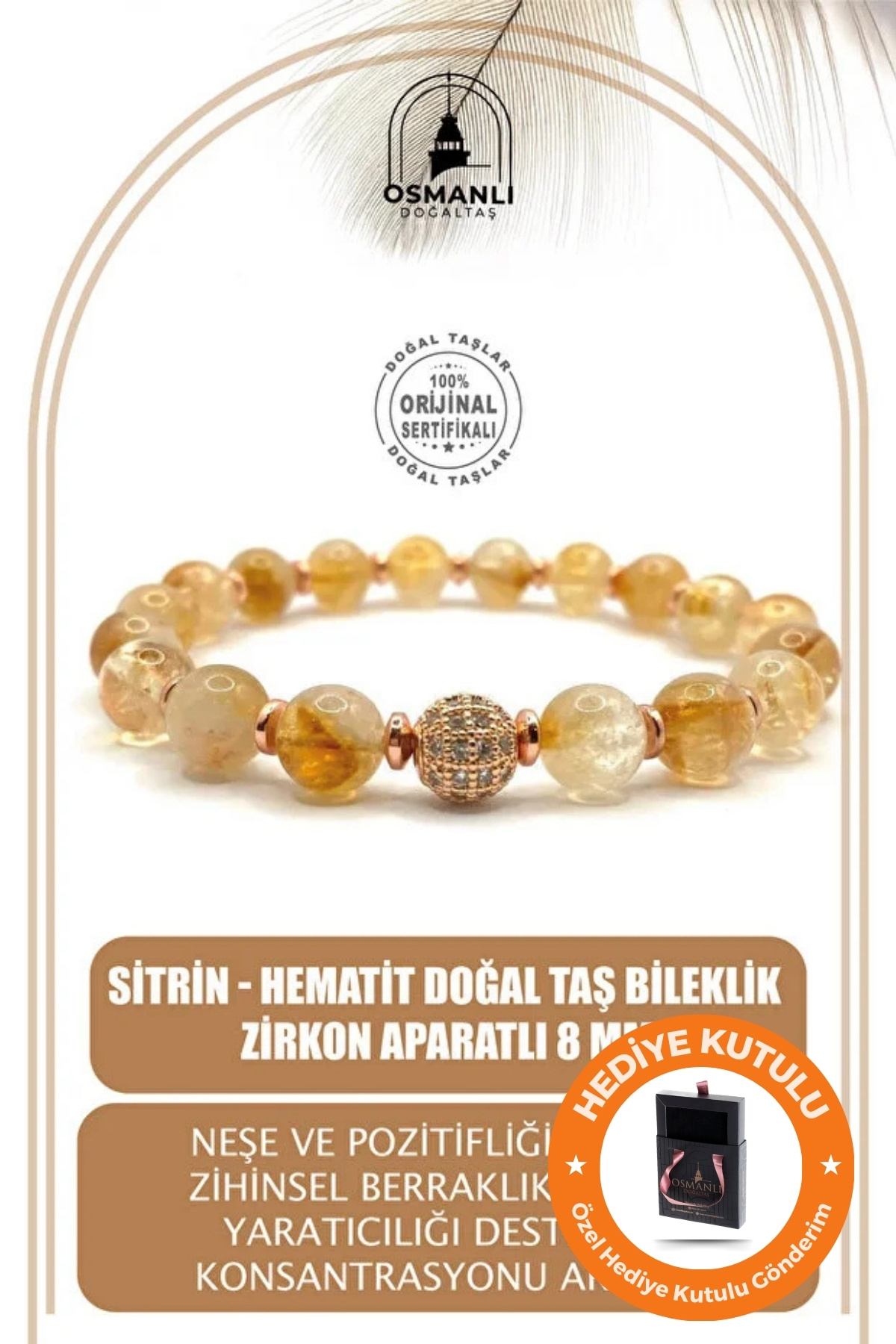 OSMANLI DOĞAL TAŞ Orijinal & Sertifikalı Sitrin Hematit Doğal Taş Kutulu & El Yapımı Yılbaşı Hediyesi Bileklik 8 mm