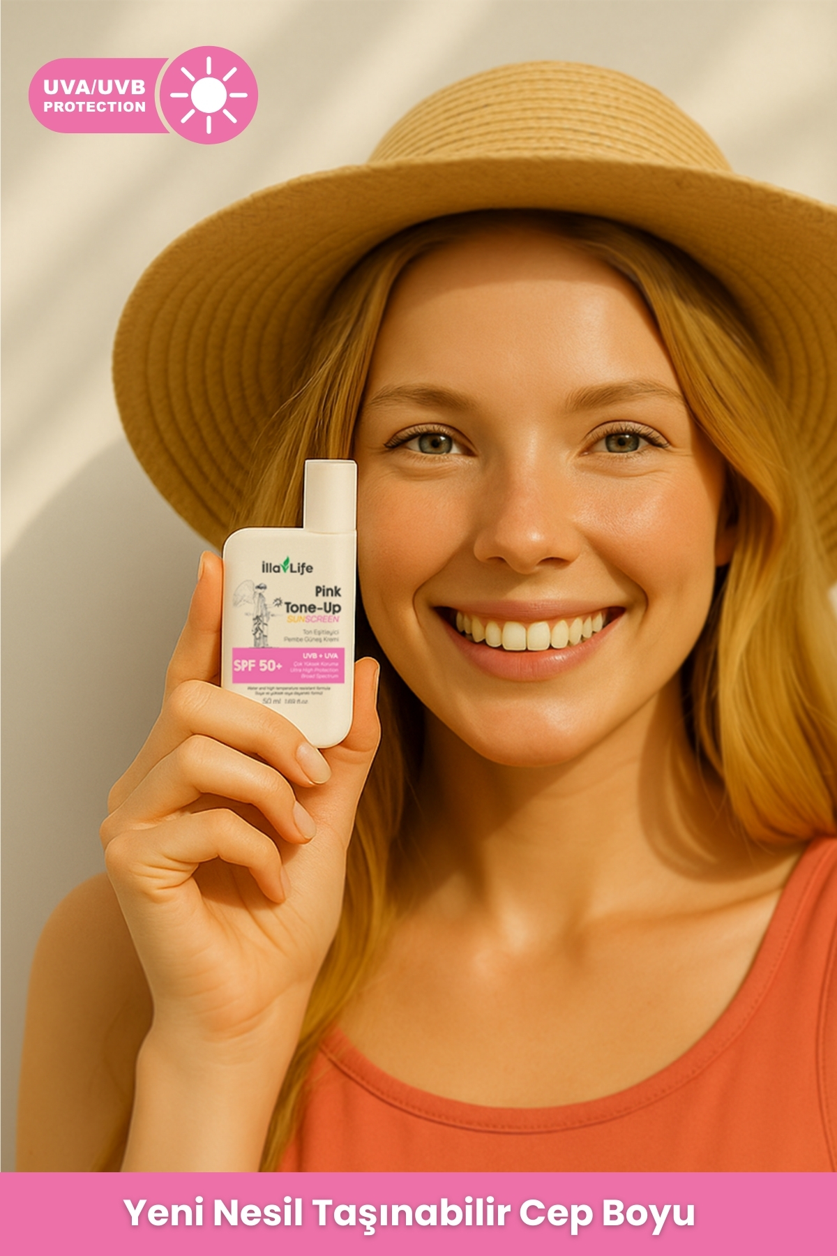 Sakız Kokulu Pink Tone Up SPF50+ Ton Eşitleyici Aydınlatıcı Pembe Renkli Leke Karşıtı Kolajenli Nemlendirici Makyaj Bazı Beyaz İz Bırakmayan Yağlandırmayan Suya Dayanıklı Yüz Güneş Kremi 50 ml — Faktör İçin Koruma ve Koruyucu SUN Pembe — تصویر 3 از 8