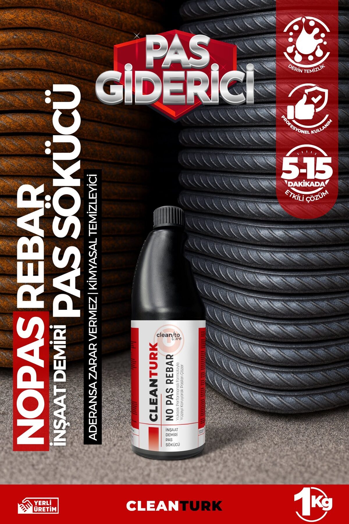 CleanTurk NOPAS REBAR İnşaat Demiri Pas Sökücü | Aderansa Zarar Vermez | Profesyonel Pas Temizleyici 1 KG