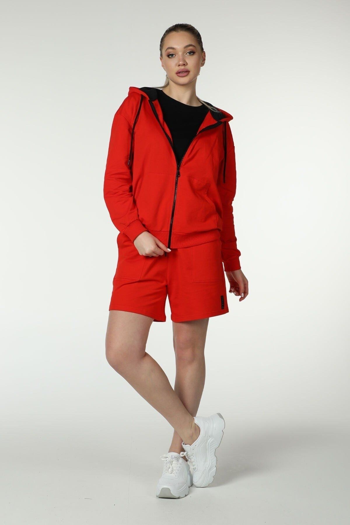 defys  Defy's Alya Kadın %100 Pamuk 2 İplik Şardonsuz Oversize Kapüşonlu Fermuarlı Kırmızı Sweatshirt - Görsel 2