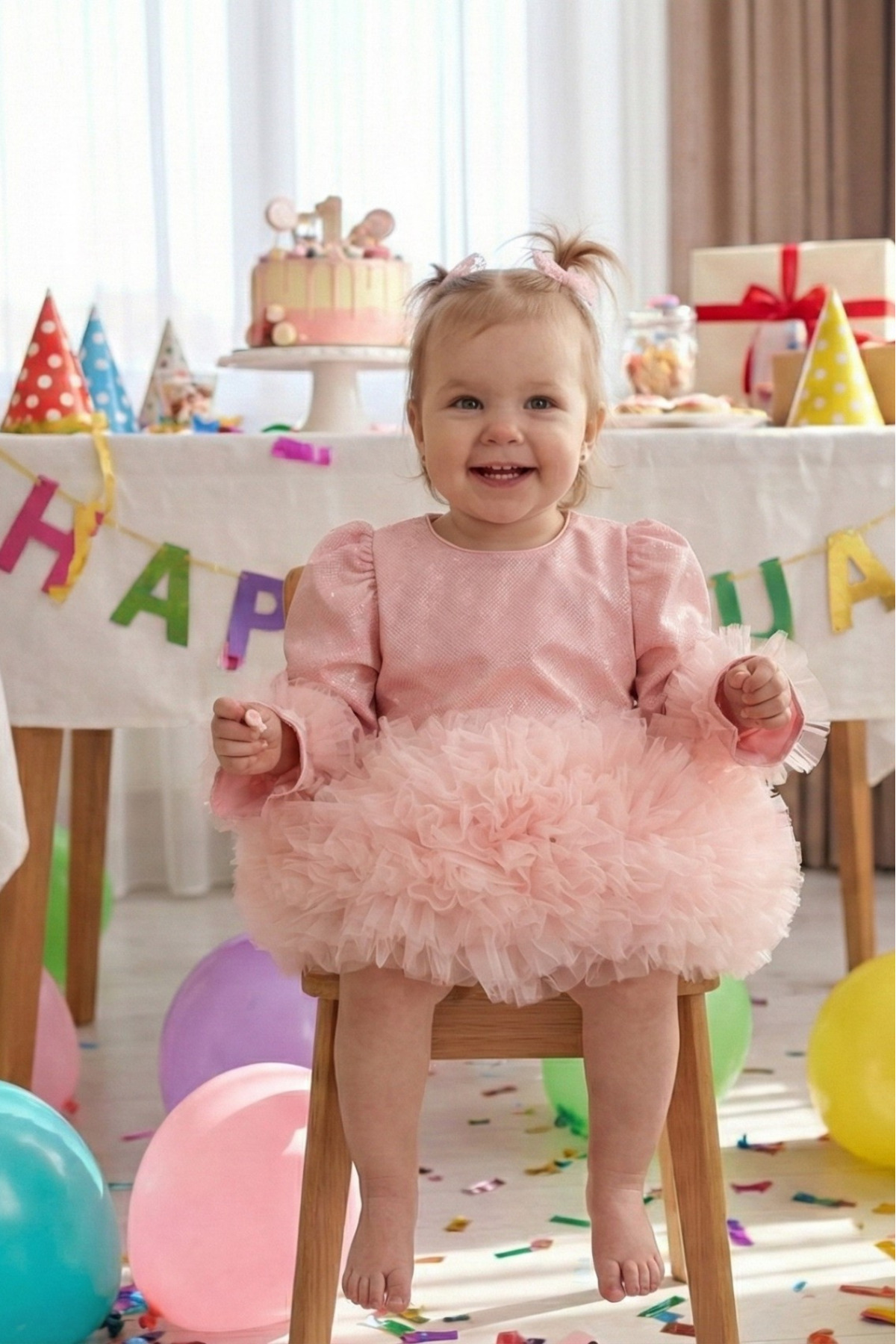 penu baby kids Pembe Pırıltı Kumaş Tütü Etekli Fiyonklu Uzun Kollu Kız Çocuk Kız Bebek Elbise fotoğrafı 2 (önizleme)