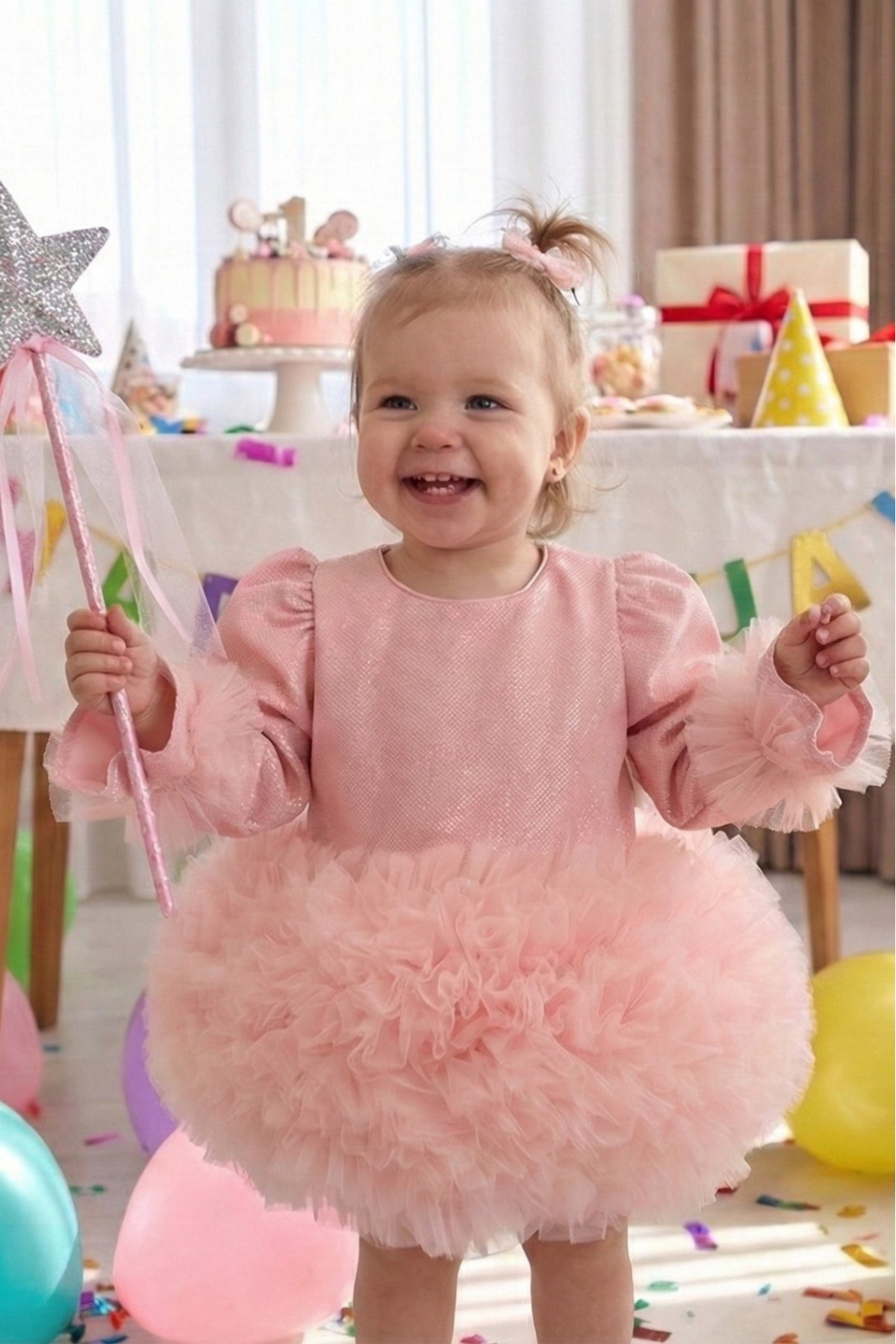 penu baby kids Pembe Pırıltı Kumaş Tütü Etekli Fiyonklu Uzun Kollu Kız Çocuk Kız Bebek Elbise fotoğrafı 4 (önizleme)