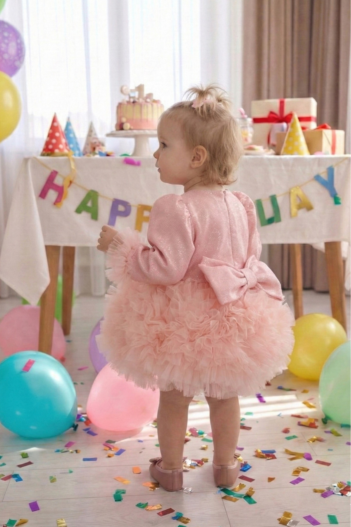 penu baby kids Pembe Pırıltı Kumaş Tütü Etekli Fiyonklu Uzun Kollu Kız Çocuk Kız Bebek Elbise fotoğrafı 5 (önizleme)