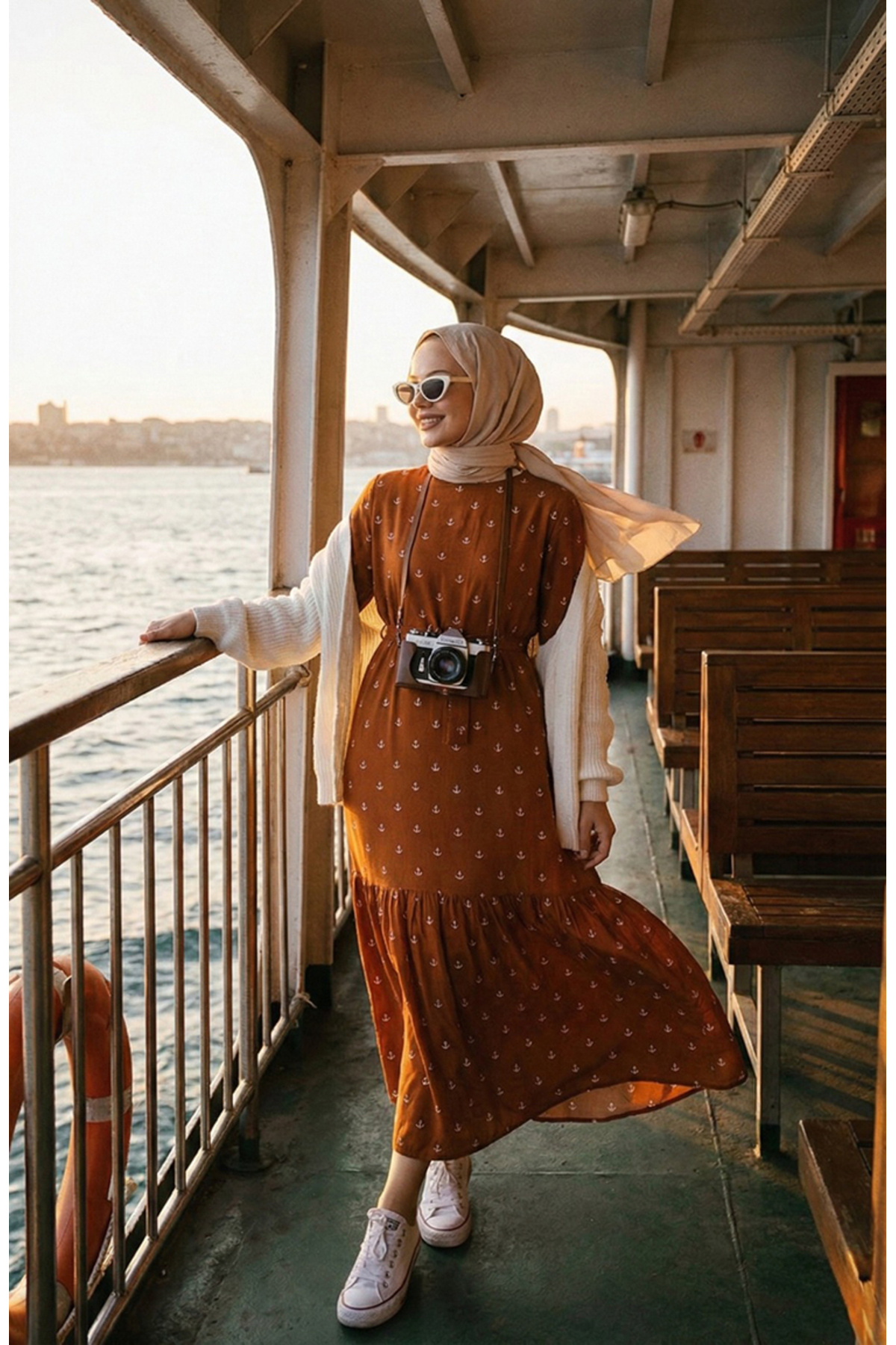 sefamerve Berra Anchor Pattern Cotton Viscose Dress 0344-03 Tan