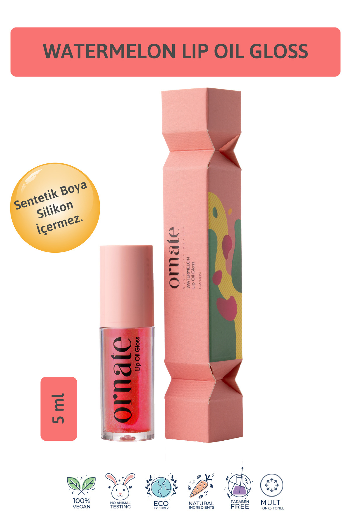 ORNATE Watermelon Lip Oil Gloss Dolgunlaştırıcı Efekt, Nemlendirici, Parlatıcı Simli Dudak Yağı Karpuz 5 ml