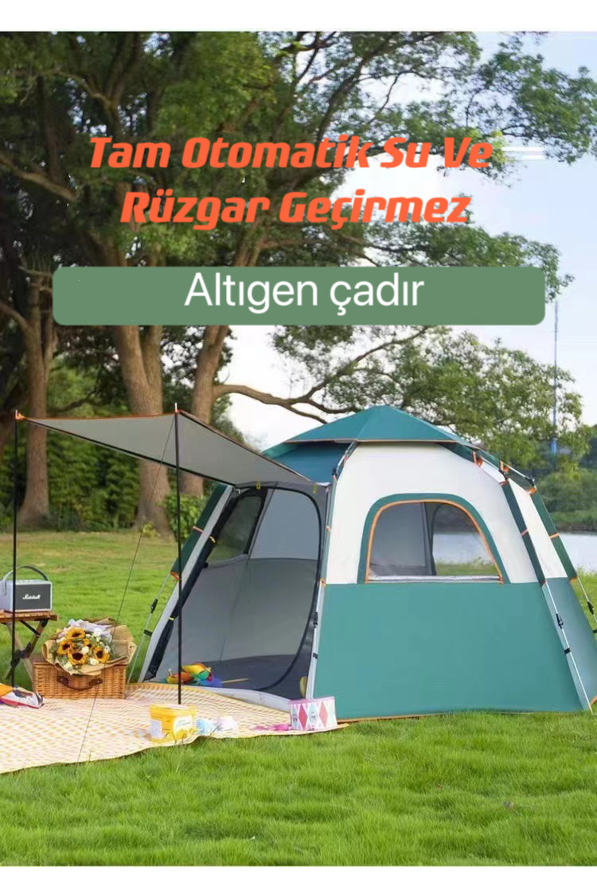 SHUFA Tam Otomatik Su Ve Rüzgar Geçirmez Gölgelikli Altıgen Çadır Aile Çadırı 280*240*155 CM