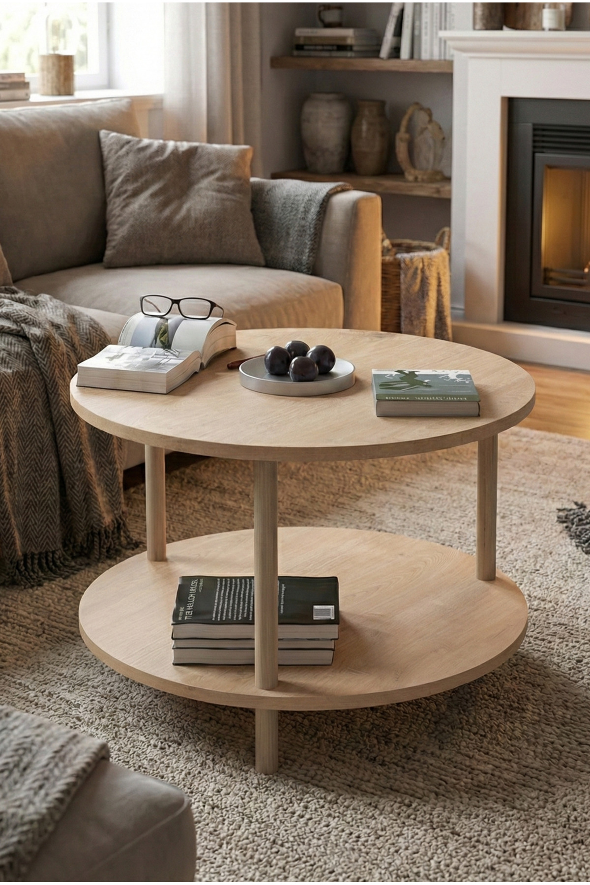 Round Coffee Table with Wooden Legs Coffee Table with Two Shelves Decorative Coffee Table with Newsprint -Sapphire Oak-60cm