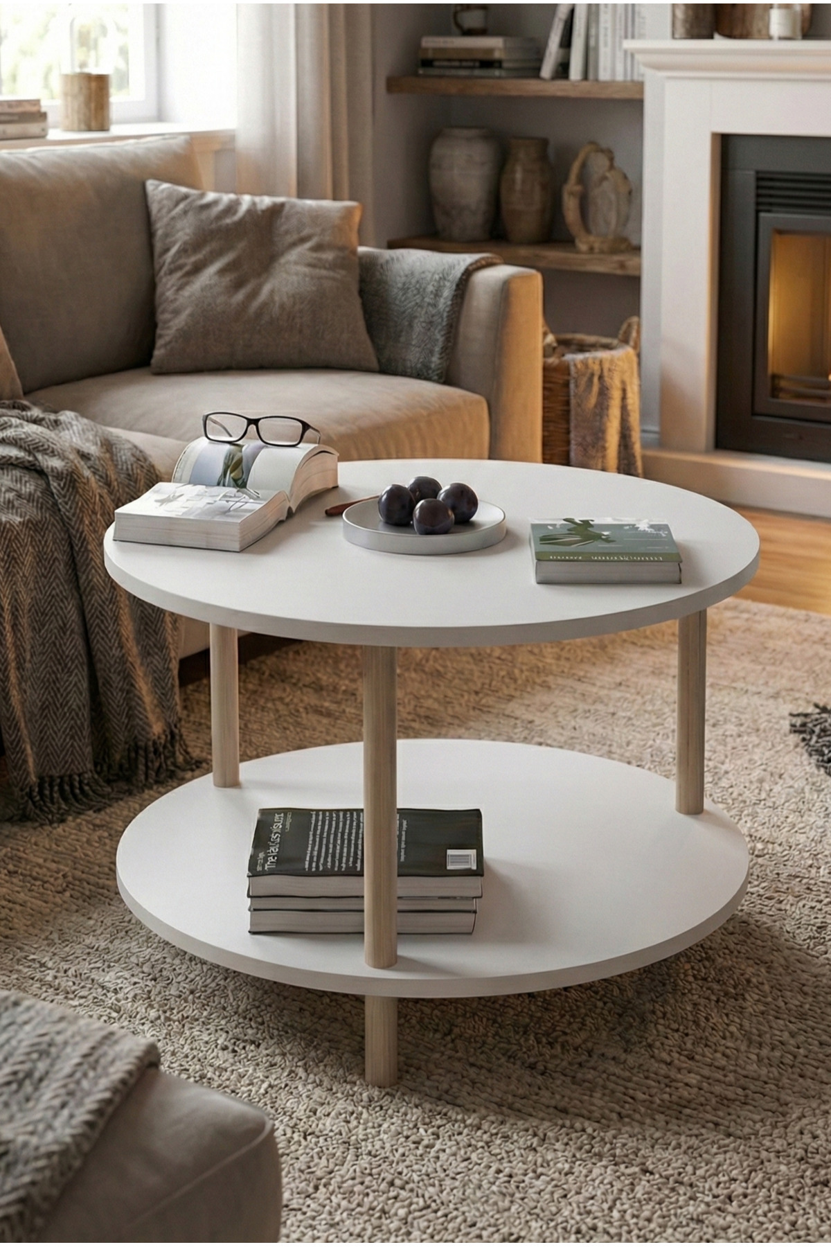 Round Coffee Table with Wooden Legs Coffee Table with Two Shelves Decorative Coffee Table with Newsprint - White - 60cm