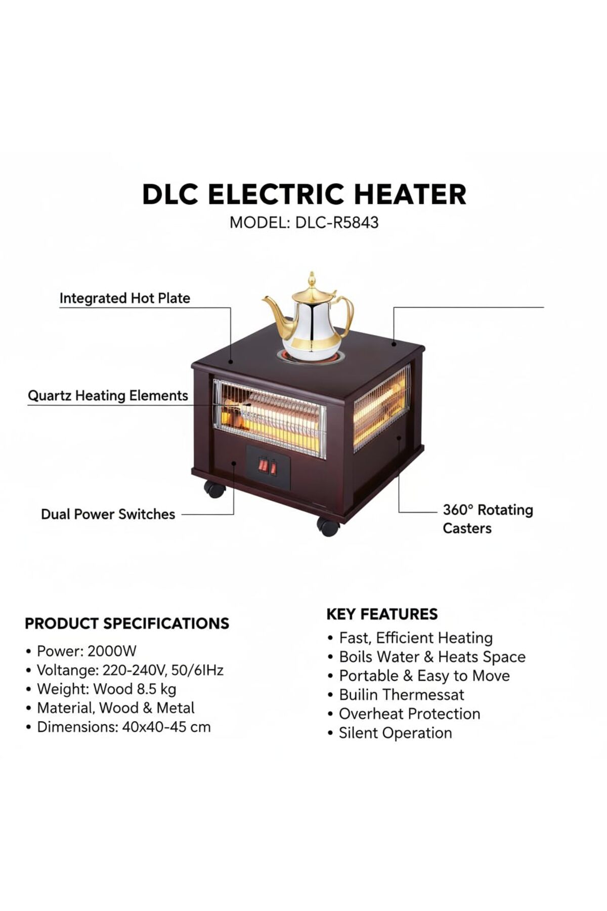 مدفأة كهربائية DLC بأربع شعلات مع لوح تسخين، سخان كوارتز بالأشعة تحت الحمراء، قابلة للتعديل بزاوية 360 درجة، DLC-R5843