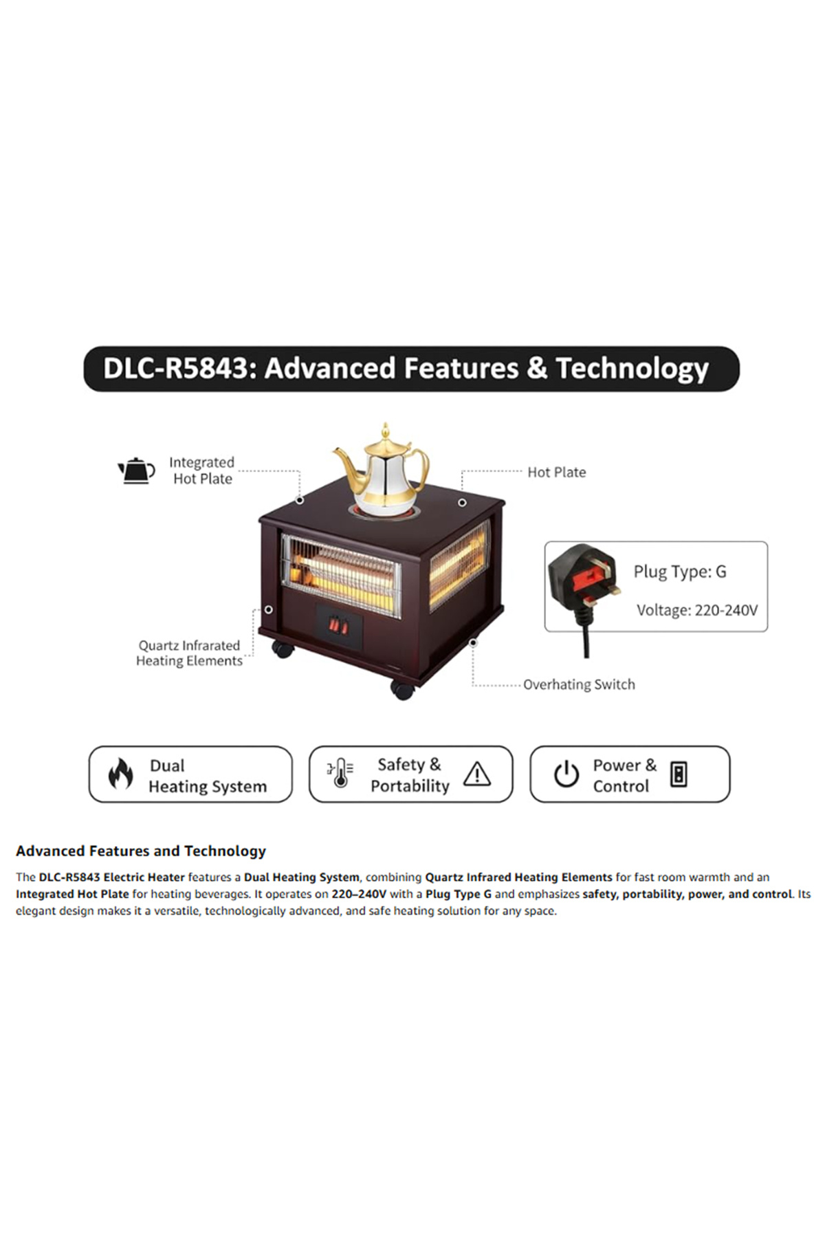 مدفأة كهربائية DLC بأربع شعلات مع لوح تسخين، سخان كوارتز بالأشعة تحت الحمراء، قابلة للتعديل بزاوية 360 درجة، DLC-R5843