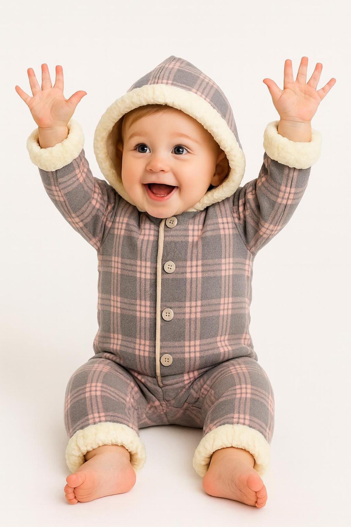 Chicsy Baby Kışlık Tatlı Kareli İçi Peluşlu Kapüşonlu Düğmeli Bebek Tulum fotoğrafı 3 (önizleme)