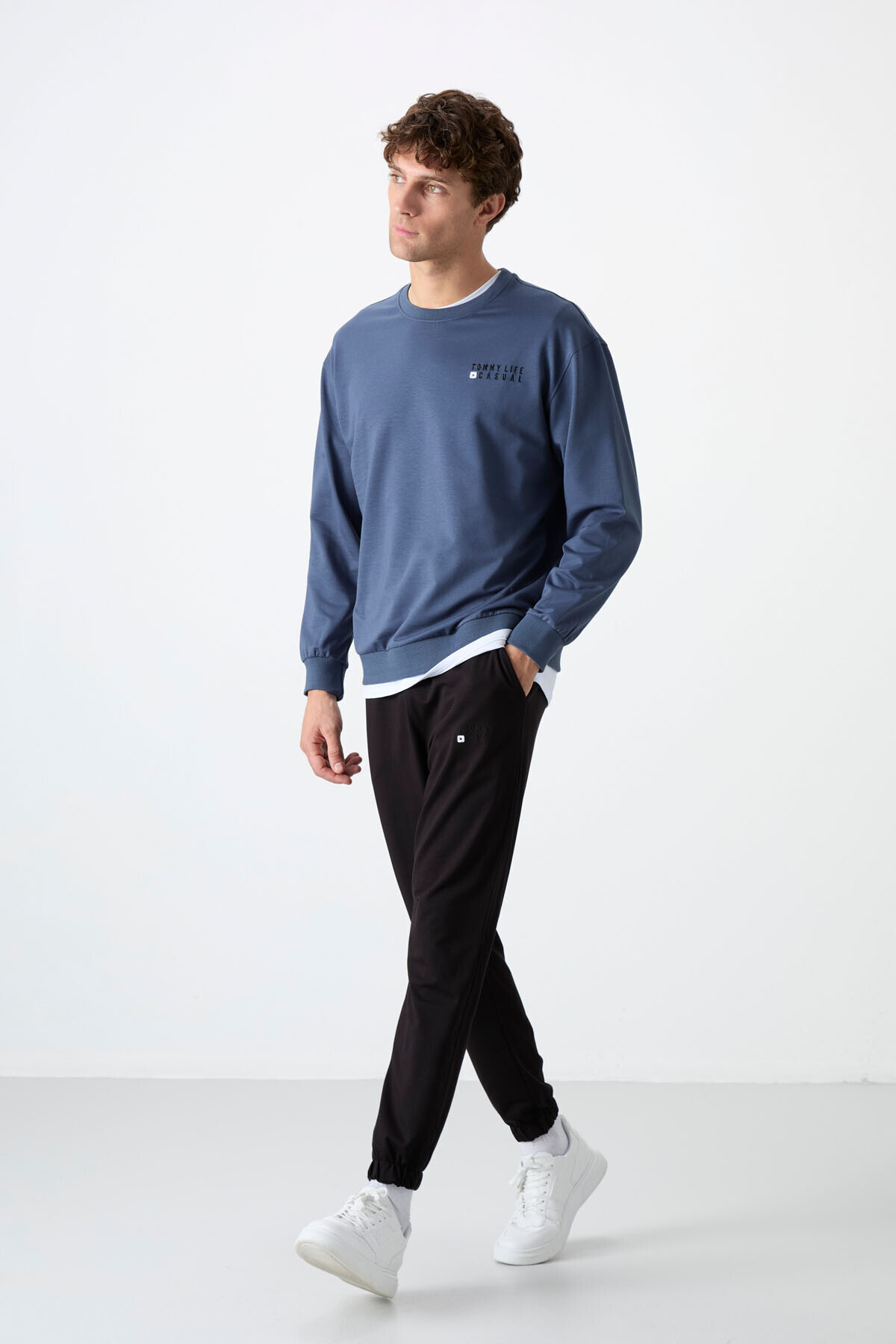 Petrol-Black Casual O-Neck Rubber Leg Cotton Men's Oversized Tracksuit - 85120