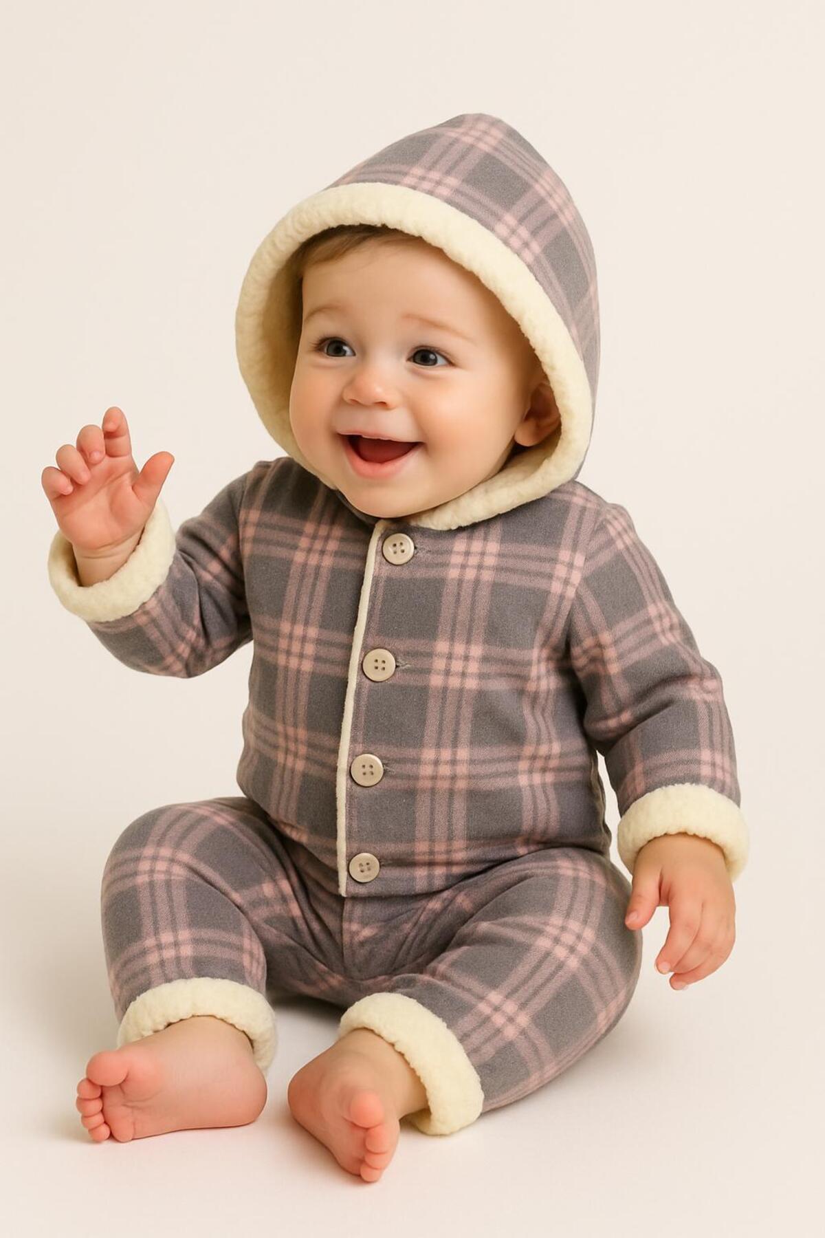 Chicsy Baby Kışlık Tatlı Kareli İçi Peluşlu Kapüşonlu Düğmeli Bebek Tulum fotoğrafı 4 (önizleme)
