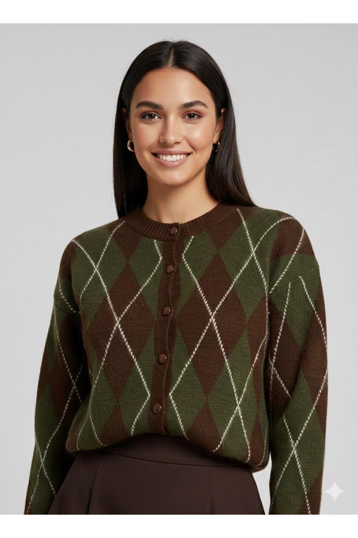 miyoshi Baklava Desen Düğmeli Tasarım Yeni Trend Triko Hırka