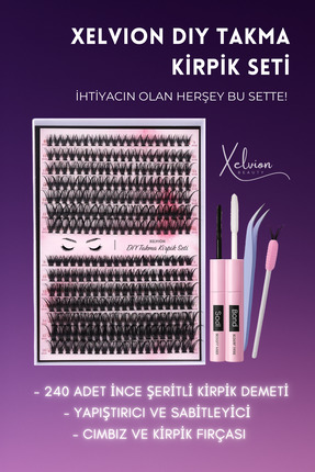XELVION BEAUTY 240'lı Takma Kirpik Seti, Yapıştırıcı, Sabitleyici, Cımbız ve ...