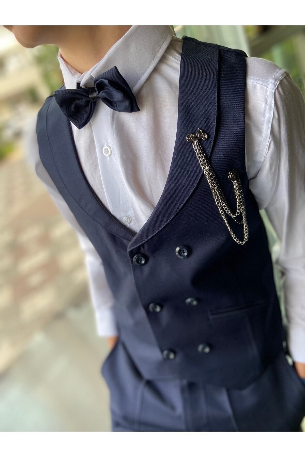 WENA KİDS Erkek Çocuk Smokin Yelekli Takım Elbise Gömlekli Papyonlu Set Lacivert fotoğrafı 6 (önizleme)