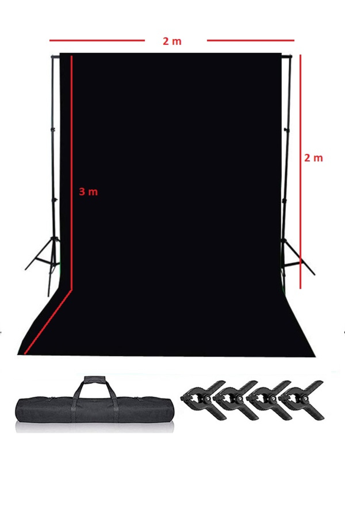 Black Screen Siyah Fon Perde (2x3m) +Fon Standı + 4 ADET FON MANDALI