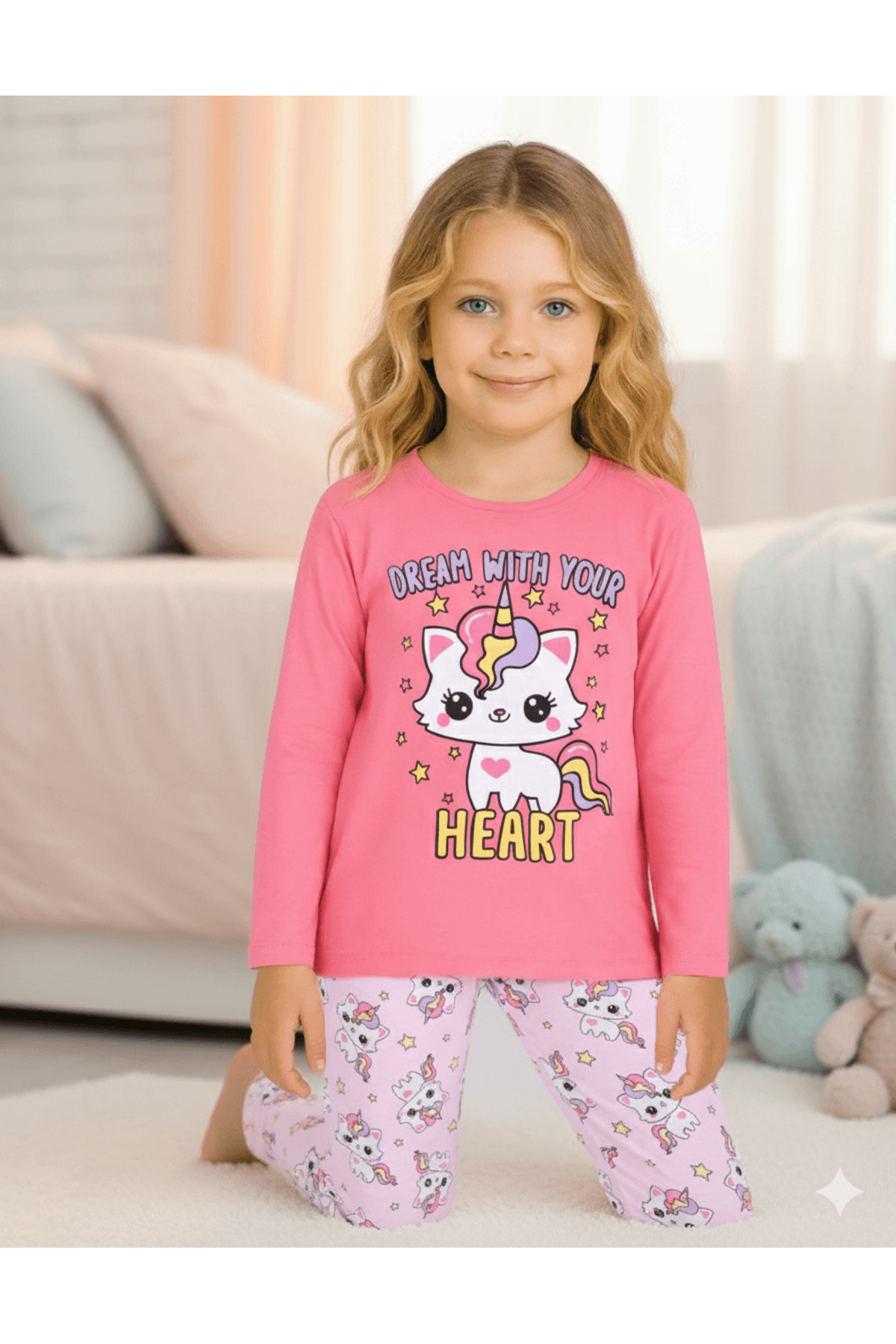 vitmo Kız Çocuk Uzun Kollu %100 Pamuklu Pijama Takımı Unicat fotoğrafı 3 (önizleme)