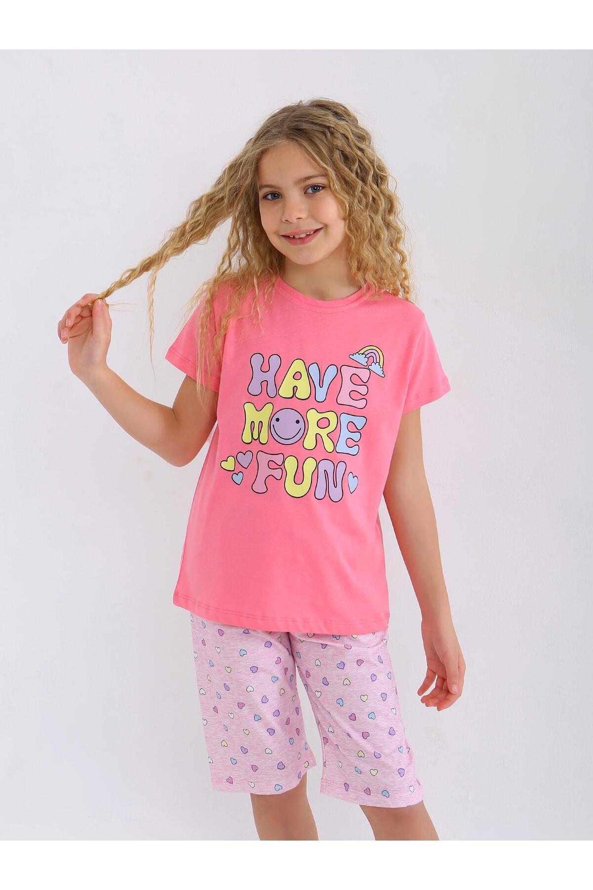 vitmo Kız Çocuk Kısa Kollu Kapri %100 Pamuklu Pijama Takımı More Fun fotoğrafı 3 (önizleme)