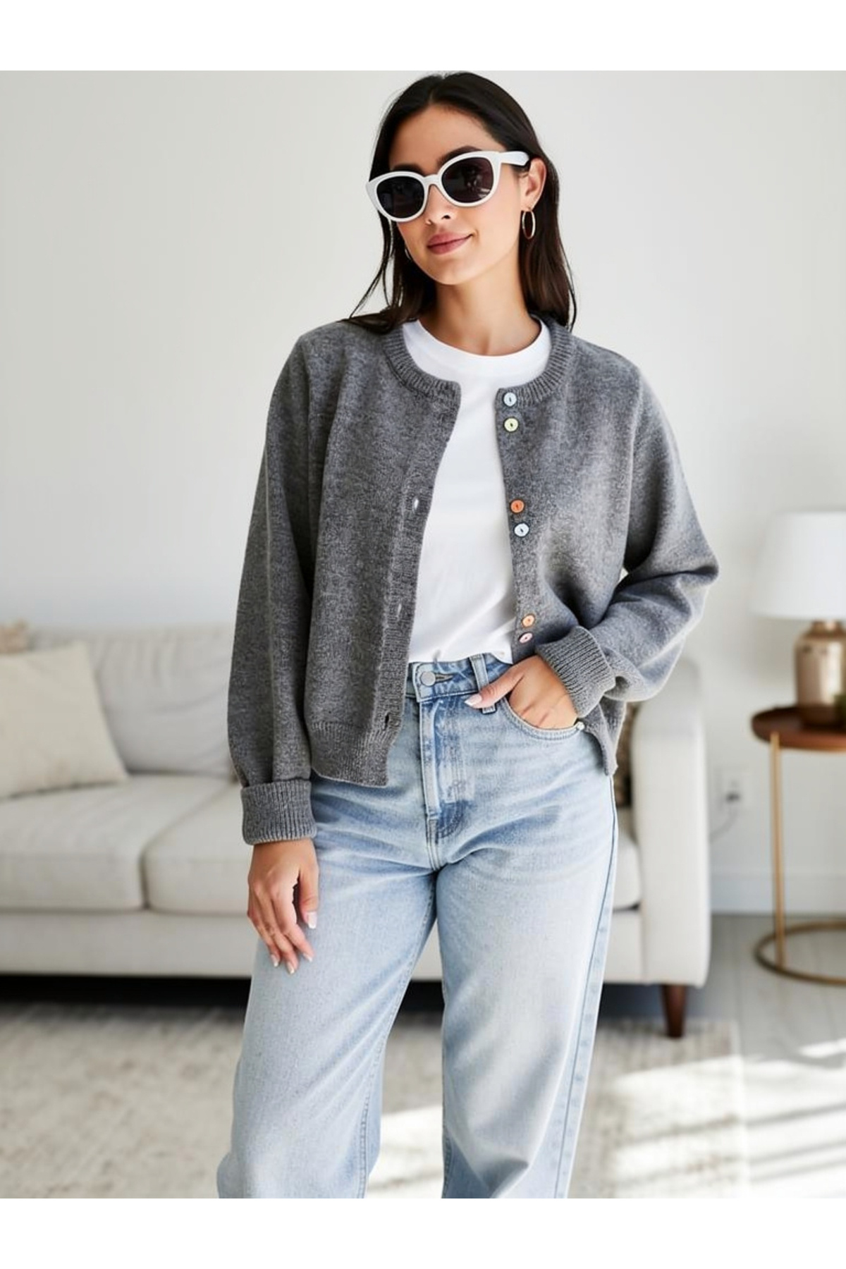 Ugdelia  Kadın Renkli Dügmeli Triko Hırka - Görsel 3