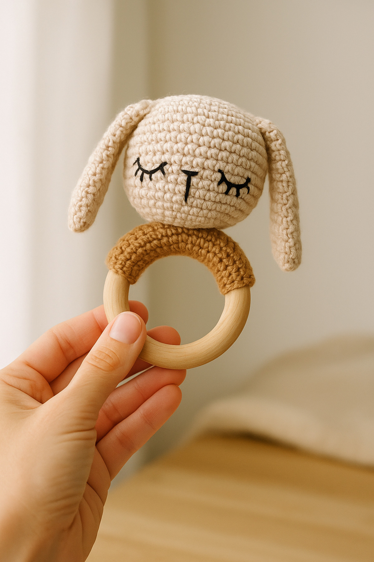 Homesinti El Yapımı Amigurumi Tavşan Diş Kaşıyıcı & Çıngırak | Organik Ahşap Halka Bebek Oyuncağı fotoğrafı 2 (önizleme)