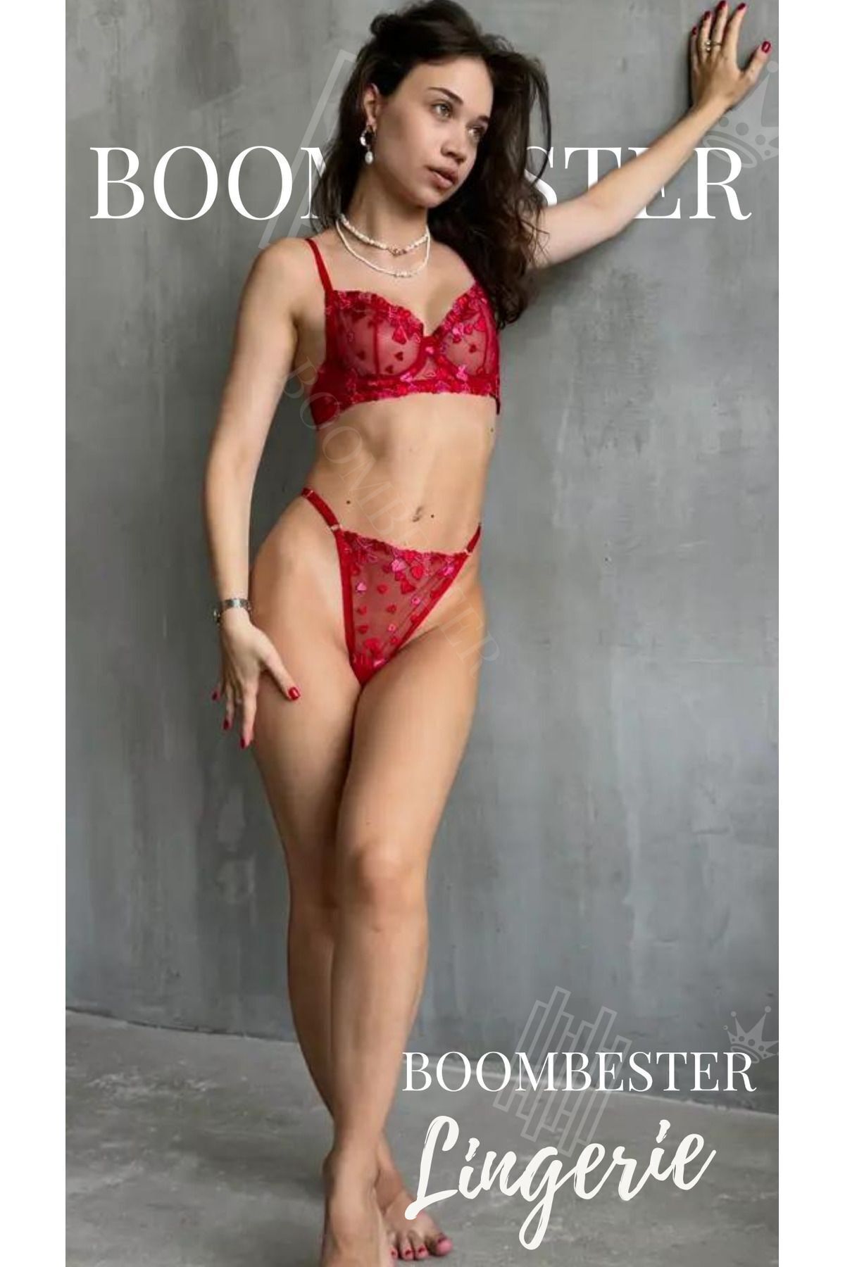 Red Heart Underwear Bralette Set Lace Brode Embroidered Underwire ( Bra -thong)