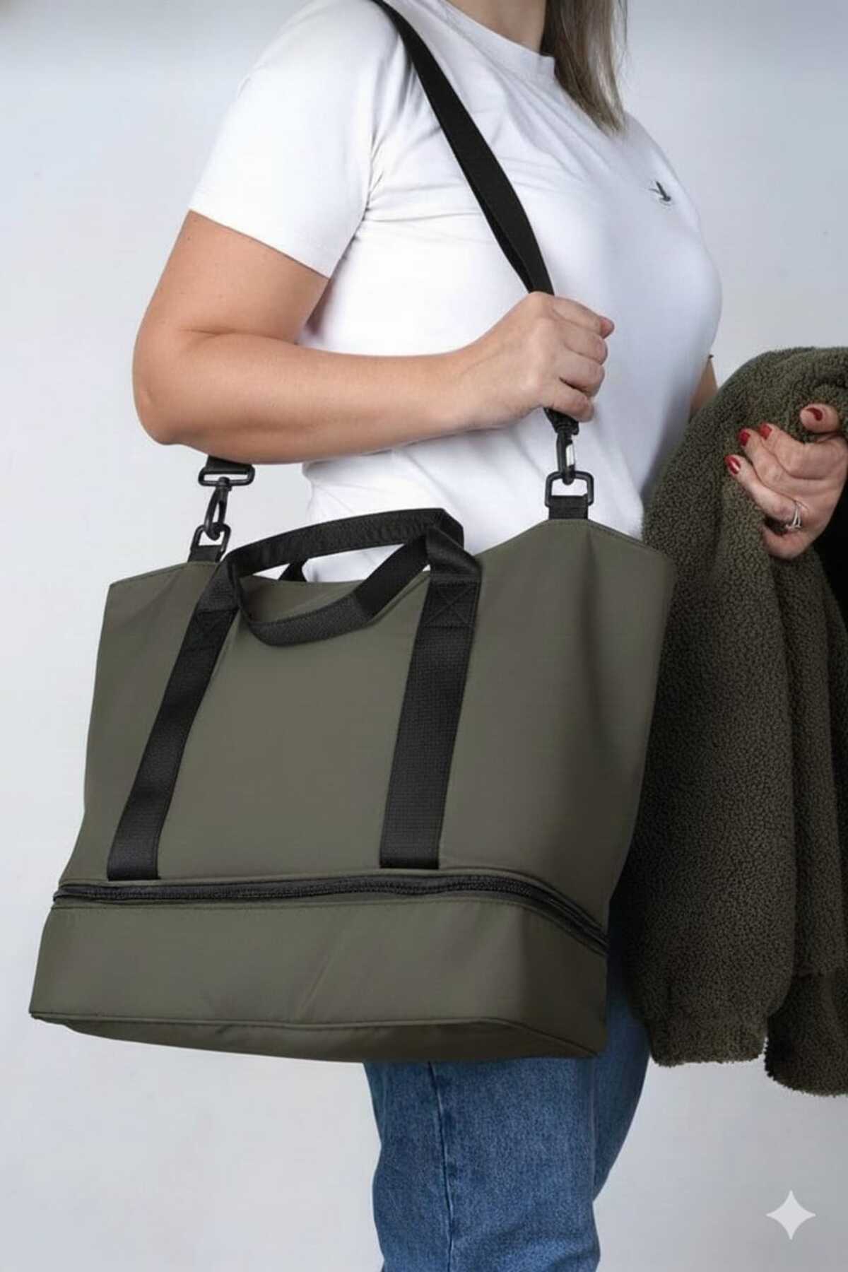 Do Tebe  Paraşüt Kumaş Ayakkabı Bölmeli Yazlık/Kışlık Haki Kadın Spor/Fitness Anne Bebek Seyahat Çantası