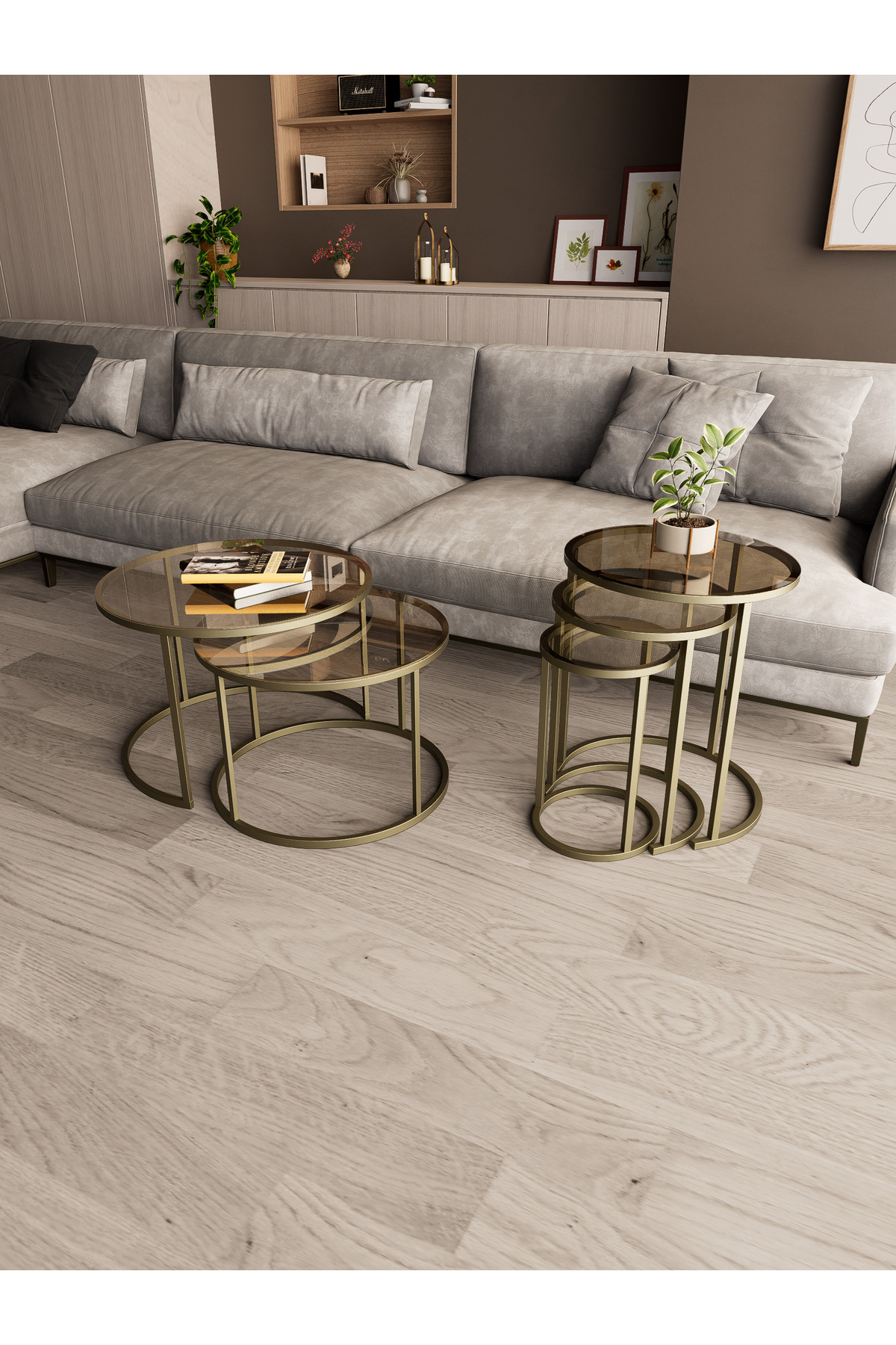 Milas Middle and Zigon Coffee Table Set (Ø60-47) Brass Aged Color Metal Tempered Bronze Glass