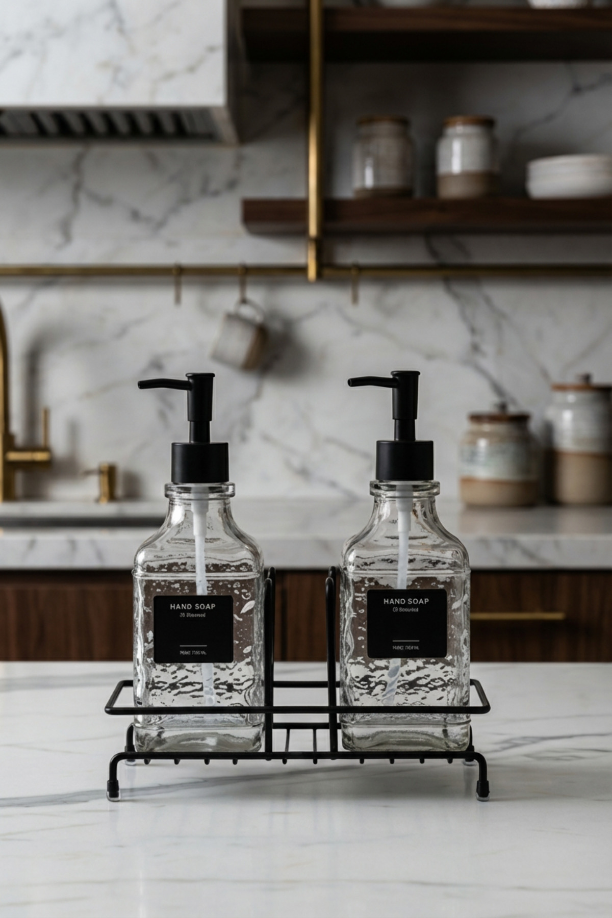 MAKRİ HOME Modern Kabartma Desenli Cam İkili Sıvı Sabunluk & Deterjanlık Seti, Siyah - 500 Ml Cam Sabunluk