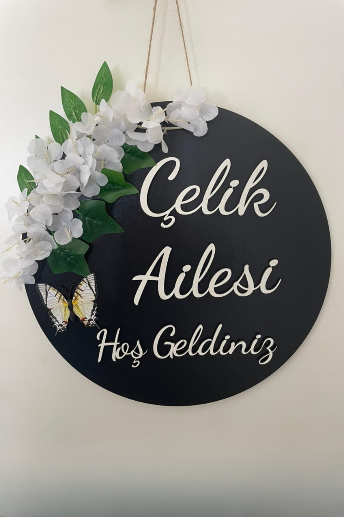 Personalized Named Wooden Door Ornament, Flower Wooden Door Decor, New Home Gift (30cm)