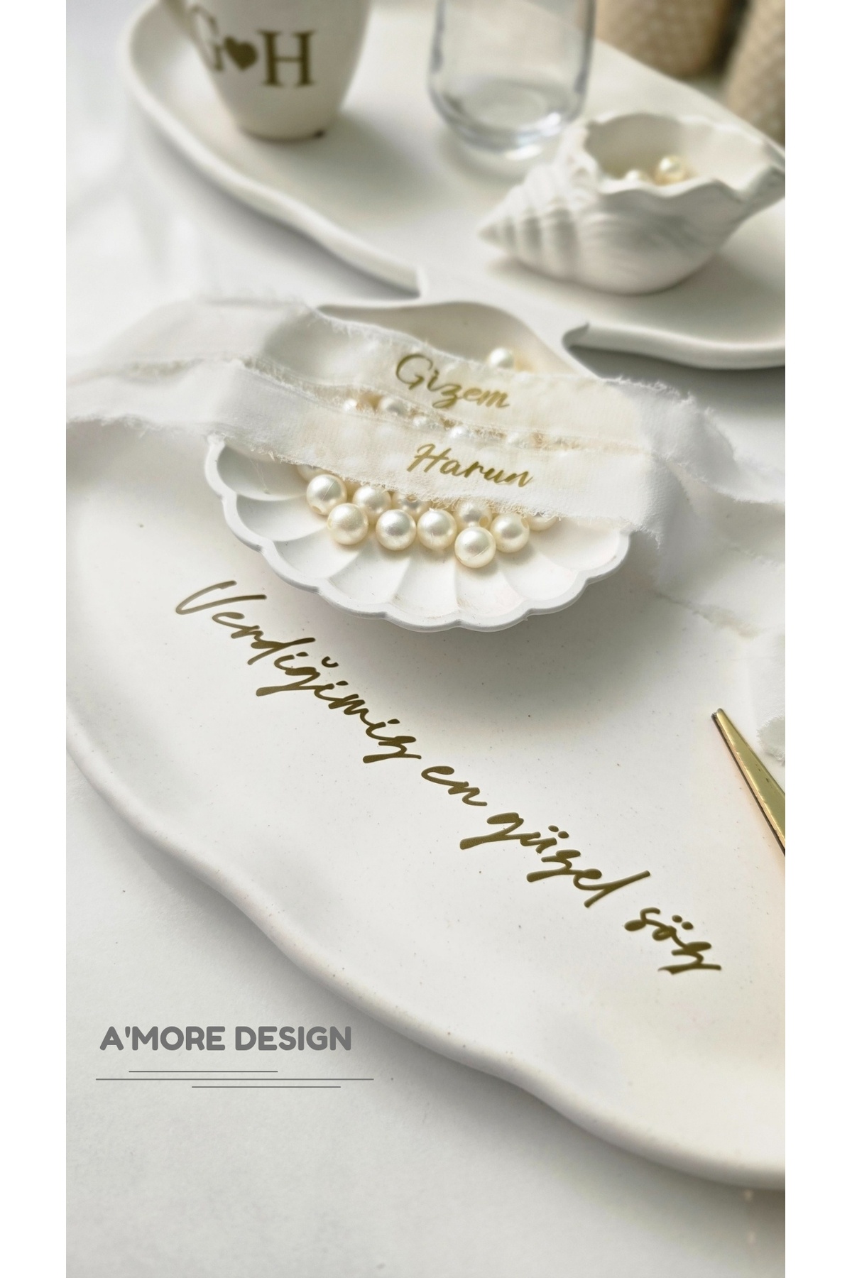 AmoreDesign Nişan Tepsisi, Söz Tepsisi, Yüzük Tepsisi, Damat Tepsisi, Beton Tepsi Seti | Gold