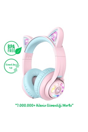 iClever BTH13 Kedi Kulaklı Çocuk Bluetooth Kulaklık -Pembe BPA Free