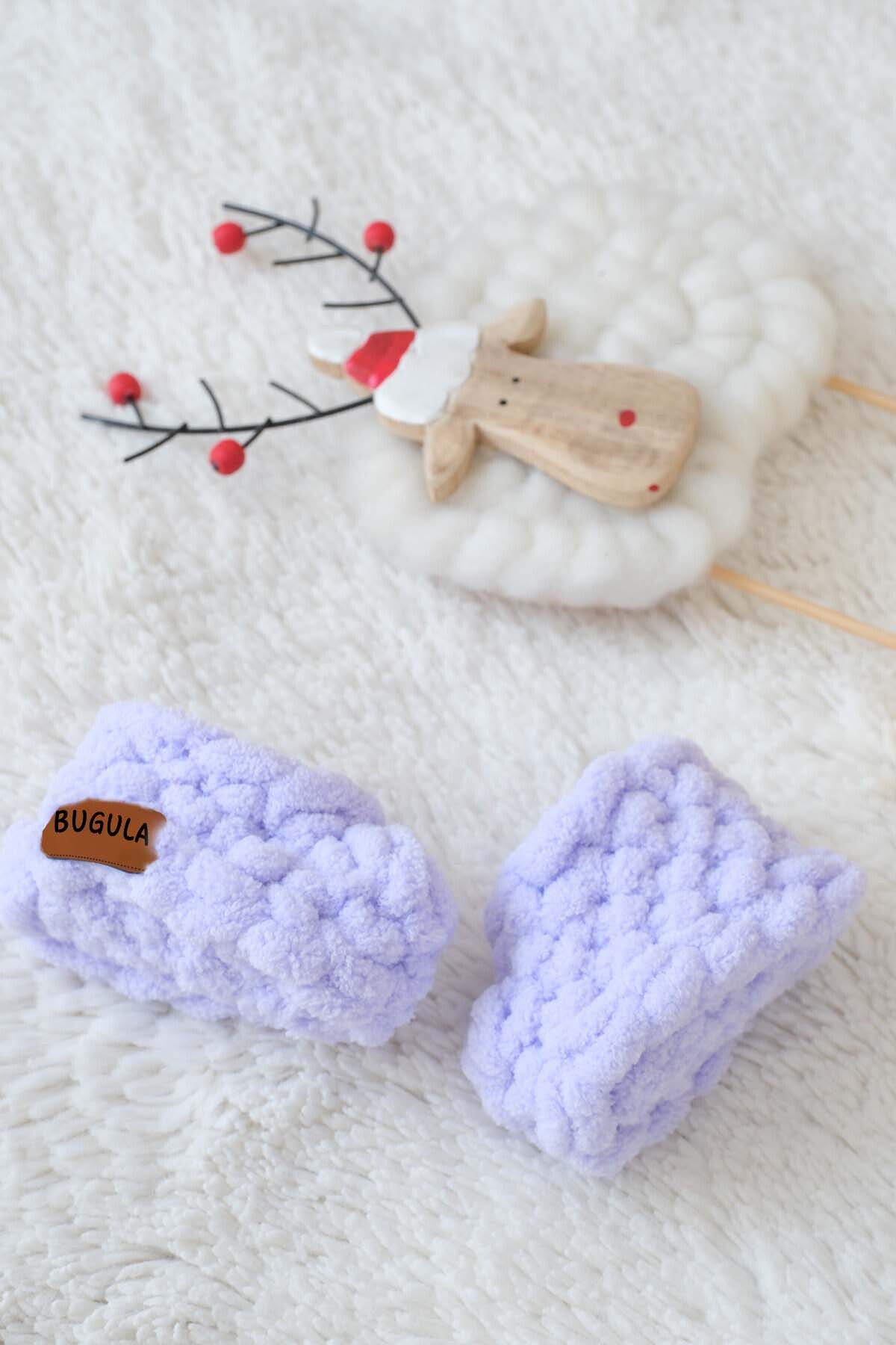 Newborn Knitted Snoozies Booties 0-3M Lilac Unisex Handmade Baby Shoes Alize Puffy Rope