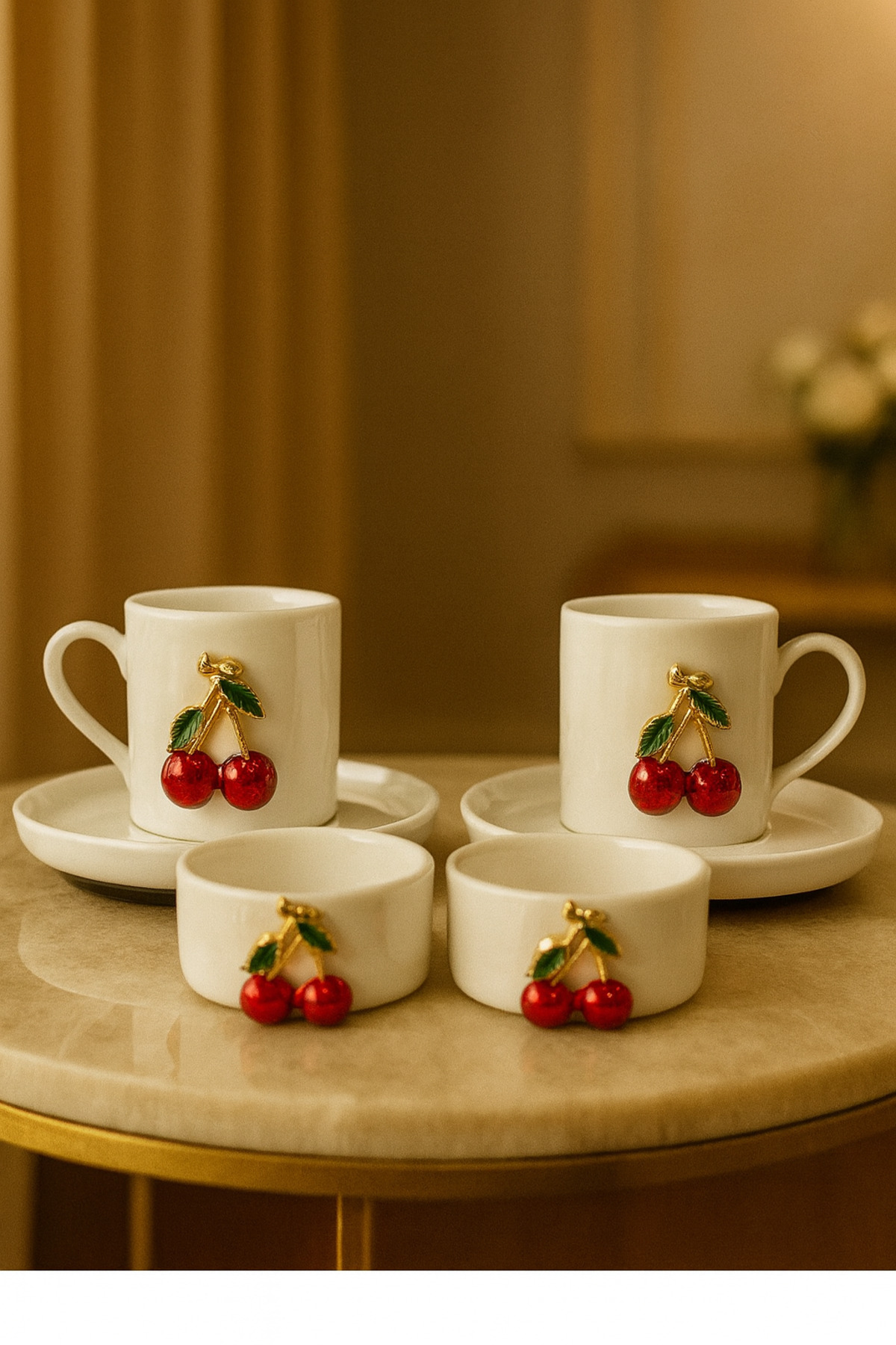 YzHome 2 Kişilik Porselen Kiraz Fincan Takımı Seti ve 2 Adet Porselen Beyaz Kiraz Lokumluk Sosluk