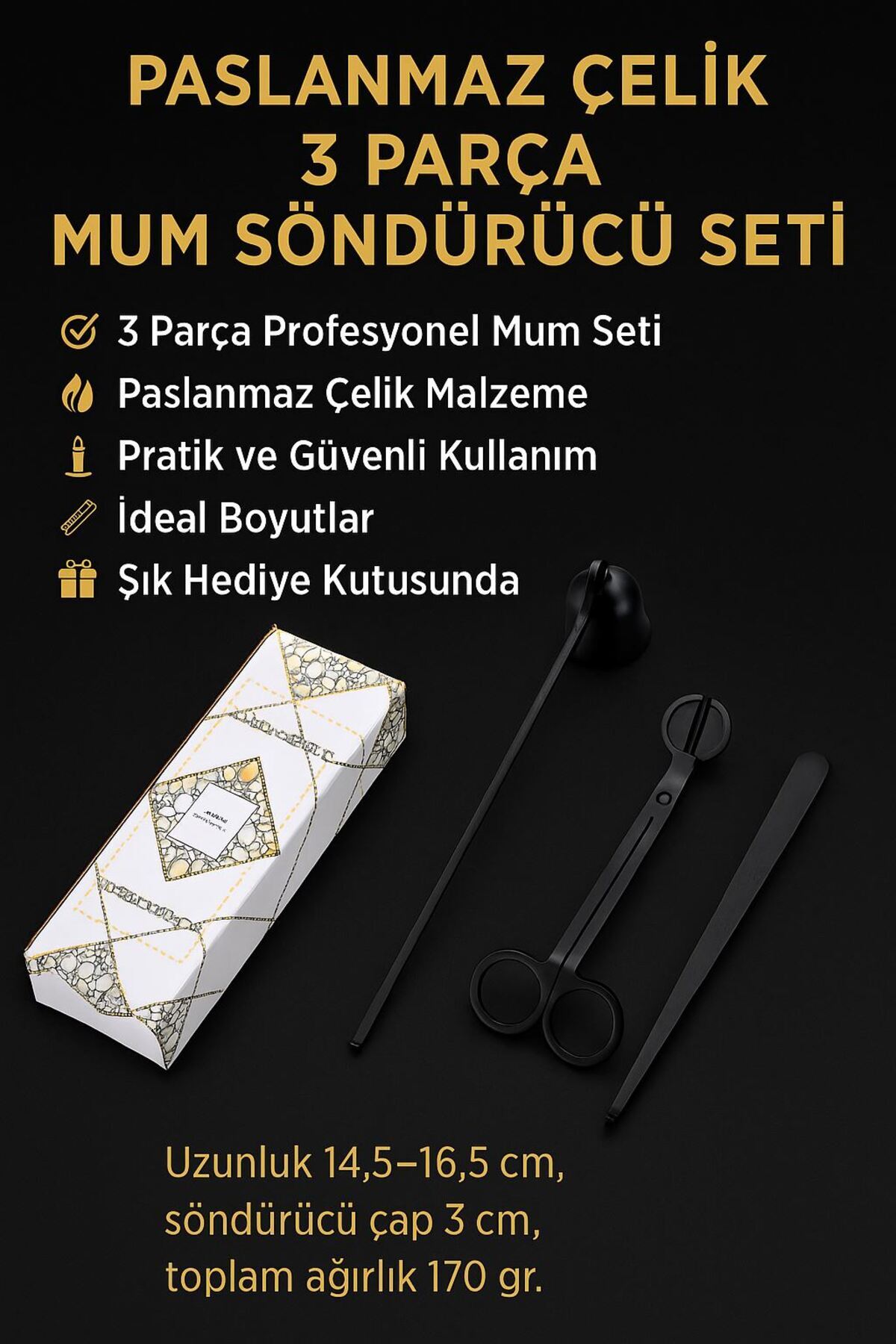 Chavin Paslanmaz Çelik 3 Parça Siyah Saplı Mum Söndürücü Mum