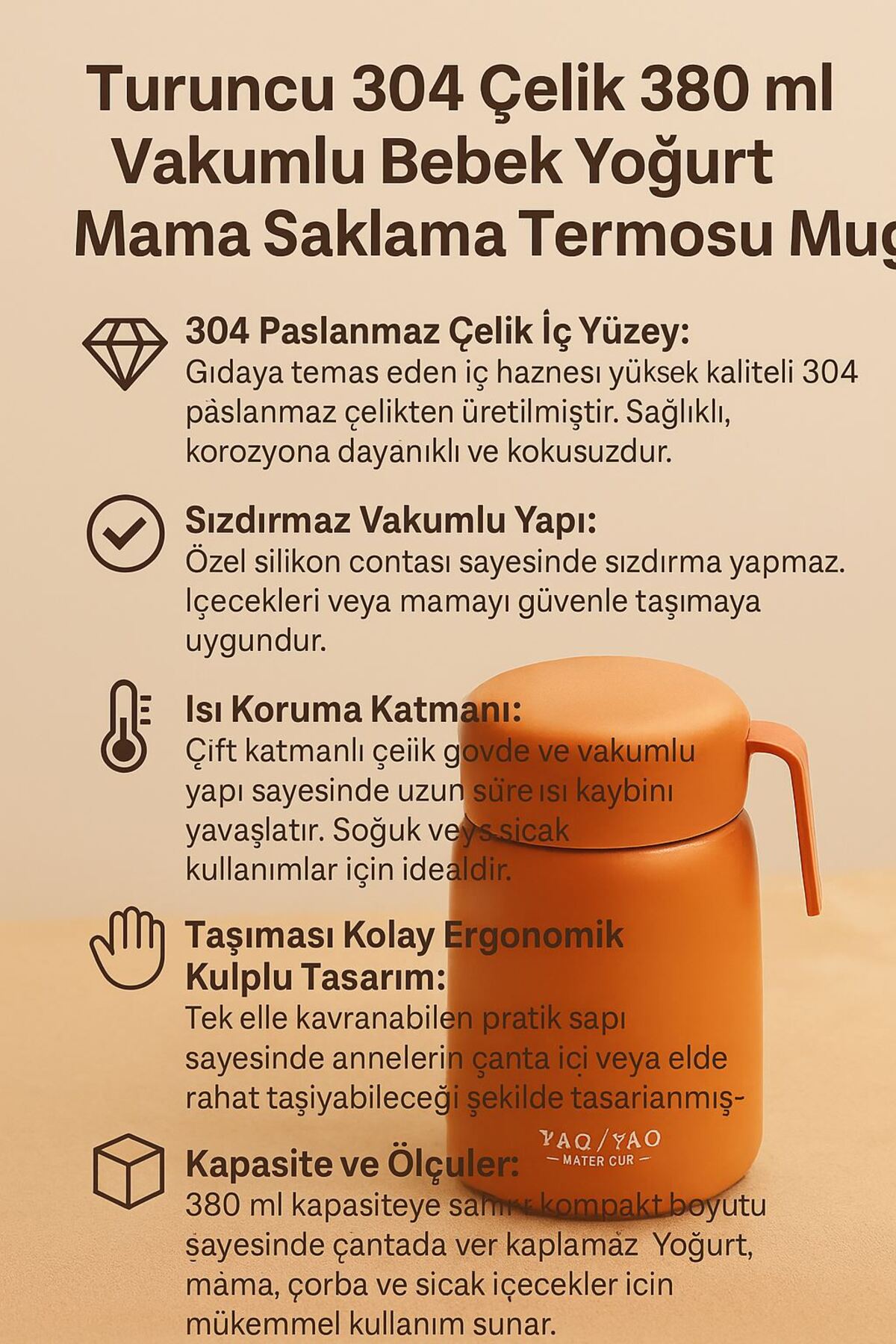Weather Forecast Turuncu 304 Çelik 380 ml Vakumlu Bebek Yoğurt Mama Saklama Termosu Mug cin494tr fotoğrafı 5 (önizleme)