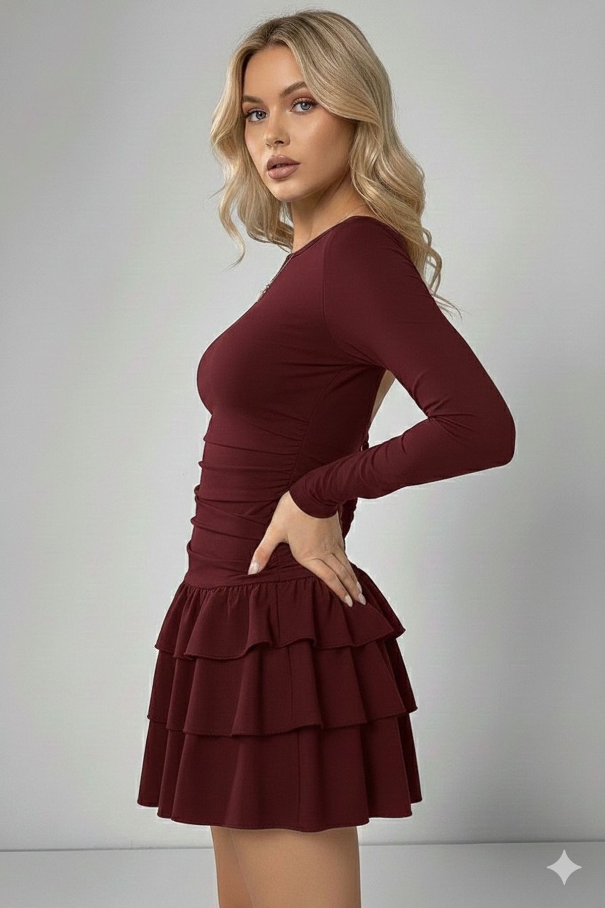 REY-VİA  Eteği Kat Kat Volanlı Mini Elbise Tam Kalıp Bordo - Görsel 2