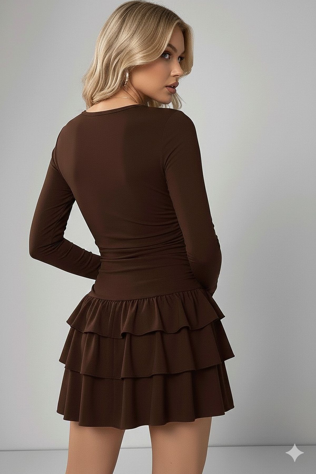 REY-VİA  Eteği Kat Kat Volanlı Mini Elbise Tam Kalıp - Görsel 3