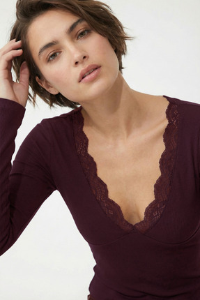 VODENS Koyu Bordo Dantel Şeritli V Yaka %95 Pamuk Üst Bluz