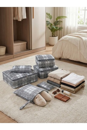 NACAREV 6’lı Gri Kare Ekose Desenli Valiz Bavul Içi Düzenleyici Seti Seyahat ...