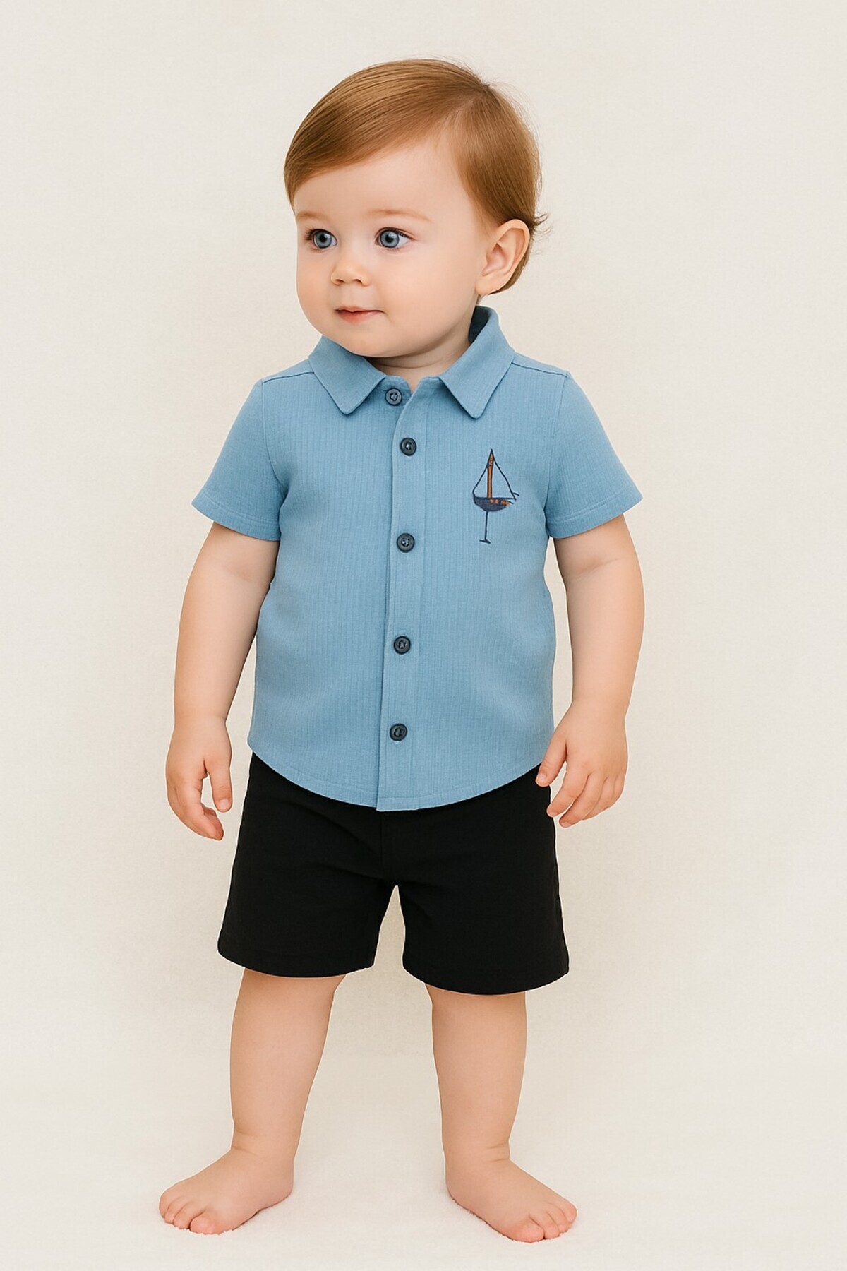 Chicsy Baby Tarz Erkek Bebek Gömlekli Yelken Desenli Belden Ayarlanabilir Kısa Kollu Şortlu 2'li Takım Çocuk ve fotoğrafı 2 (önizleme)