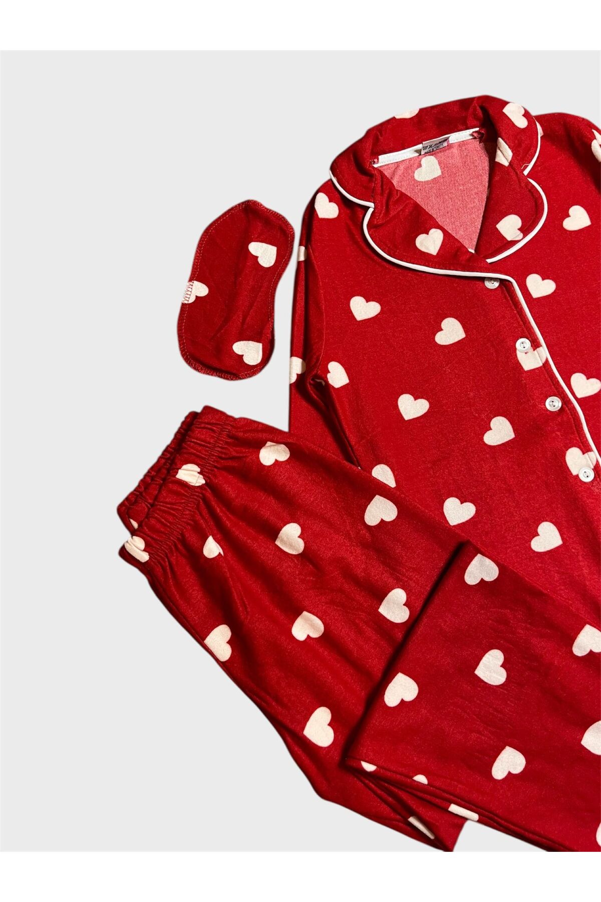 ALİŞ KİDS Kız Çocuk Pamuklu Süet Kırmızı Kalp Desenli Gömlek Yaka Uyku Bantlı Düğmeli Uzun Kollu Pijama Takımı fotoğrafı 2 (önizleme)