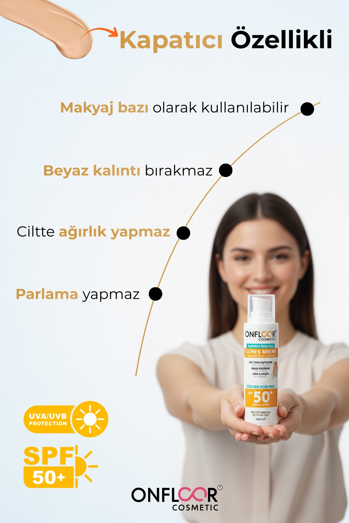 Renkli Güneş Kremi SPF 50+ 100 ml - Ton Eşitleyici, Nemlendirici Yüz Güneş Koruyucu — ONFGNŞKRM — تصویر 2 از 4