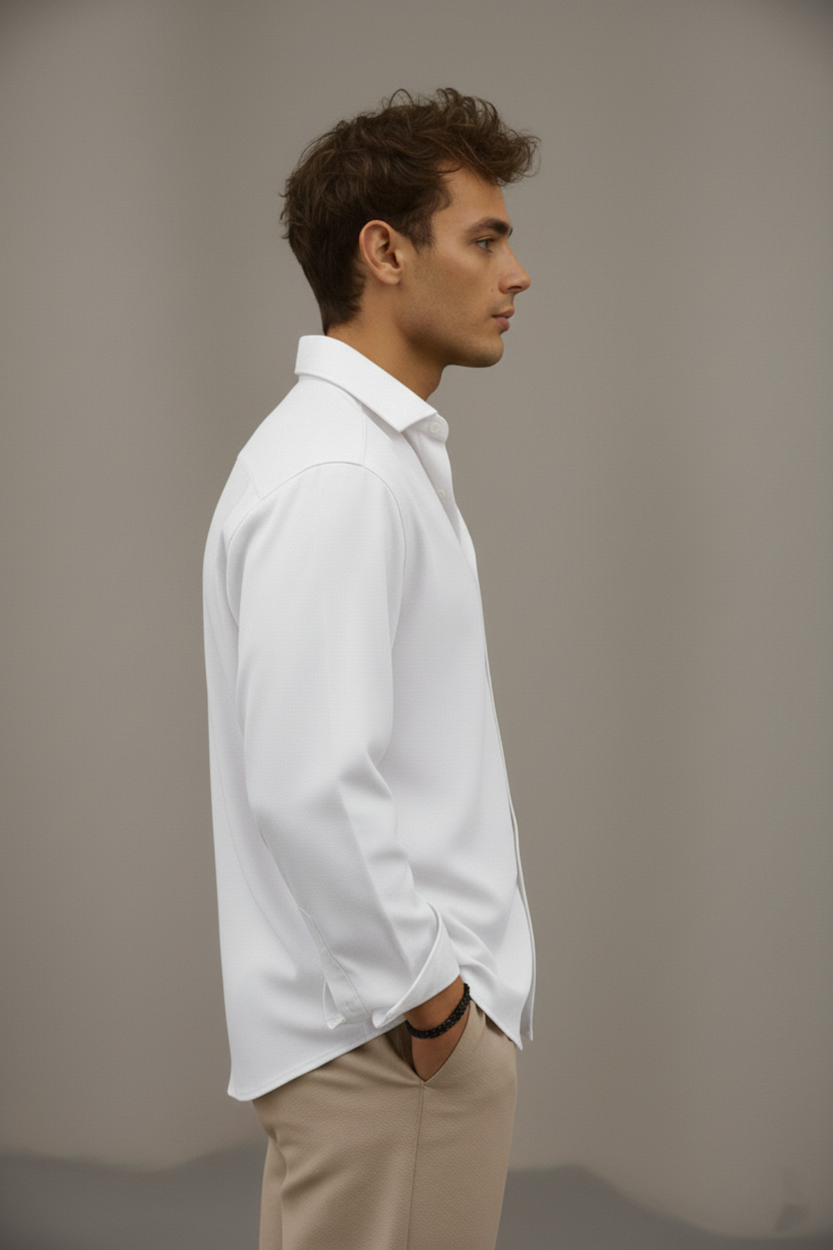 Bürke  Sofya Keten Beyaz Yarım Oversize Erkek Gömlek - Görsel 5