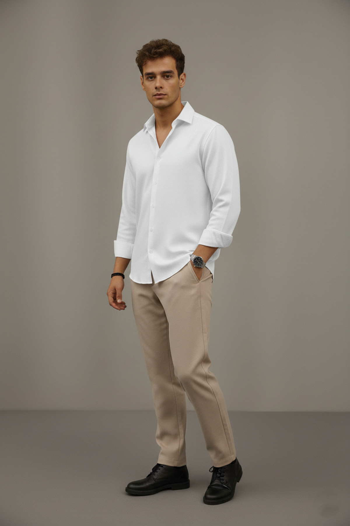 Bürke  Sofya Keten Beyaz Yarım Oversize Erkek Gömlek - Görsel 4