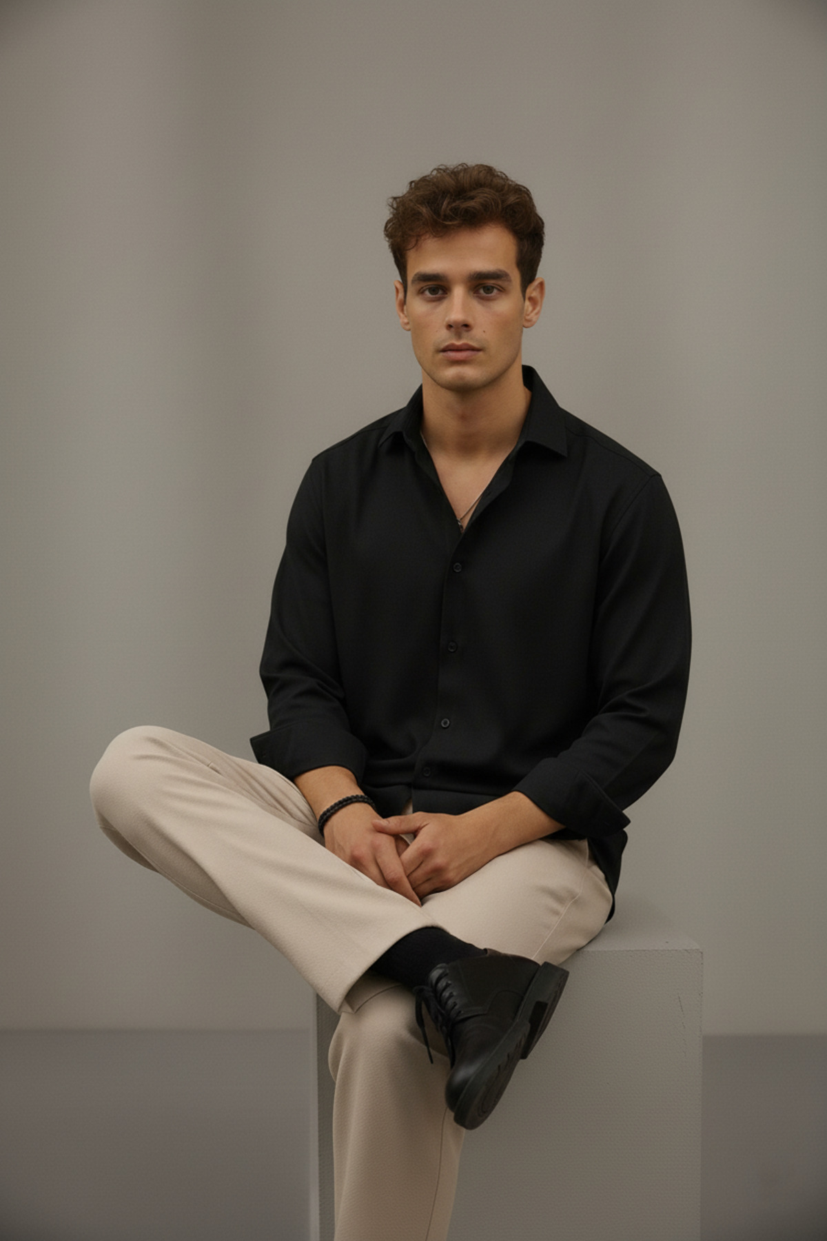 Bürke  Sofya Keten Siyah Yarım Oversize Erkek Gömlek - Görsel 4