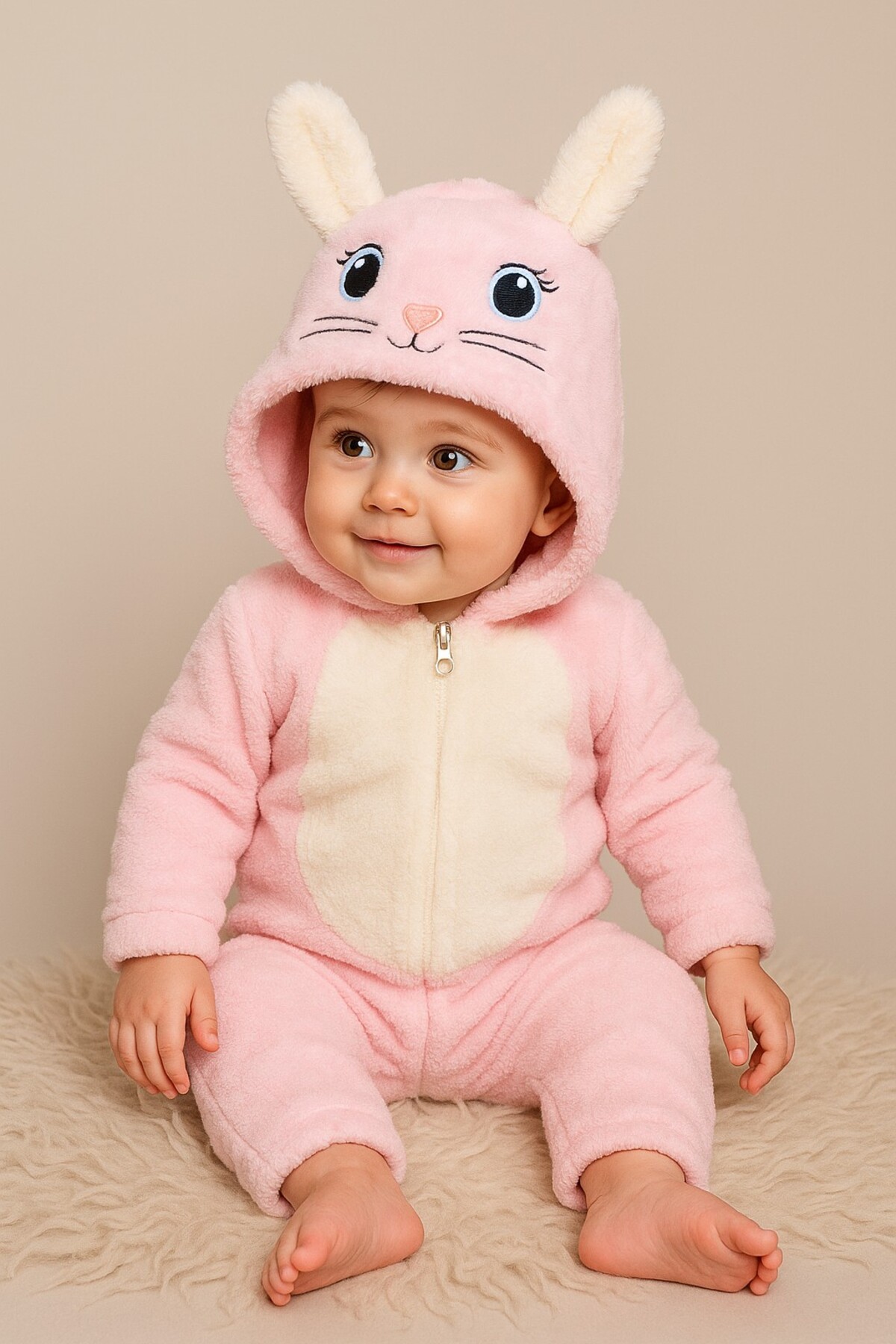 Chicsy Baby Unisex Bebek Kapüşonlu Tavşan Desenli Peluş Tulum fotoğrafı 2 (önizleme)