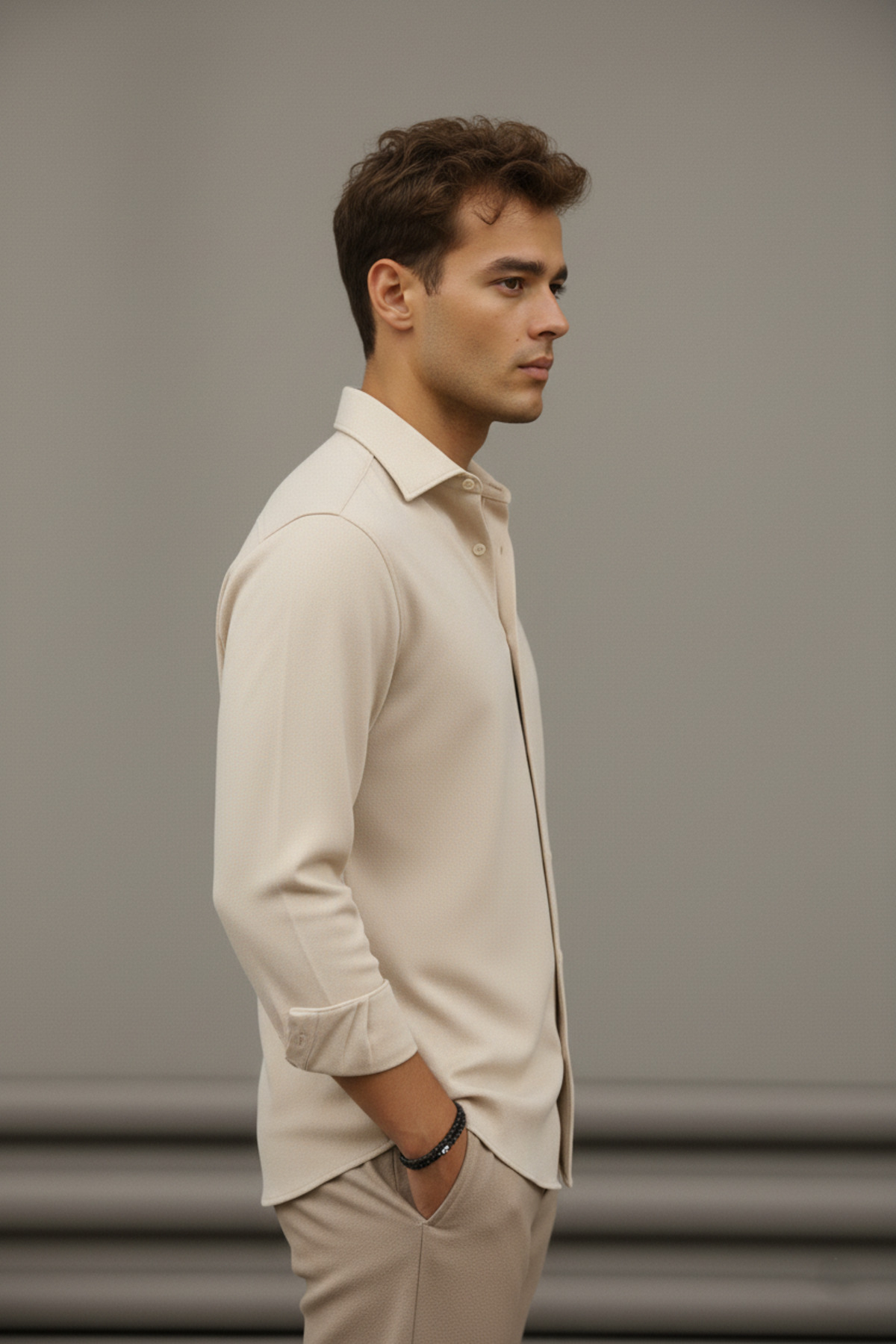 Bürke  Sofya Keten Krem Yarım Oversize Erkek Gömlek - Görsel 7