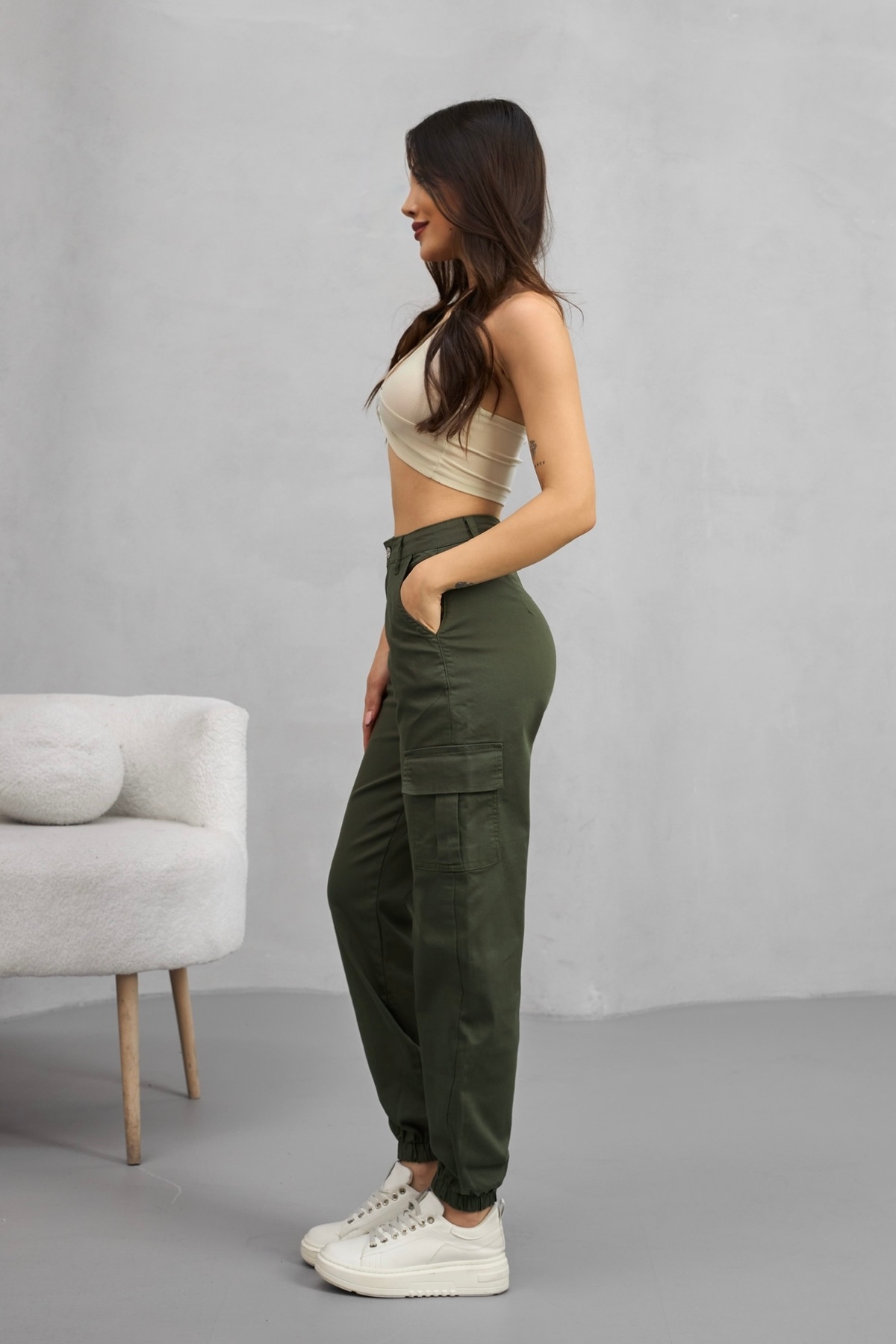 alanora  Kadın Yüksek Bel Paçası Lastikli Jogger Kargo Cep Pantolon - Görsel 8